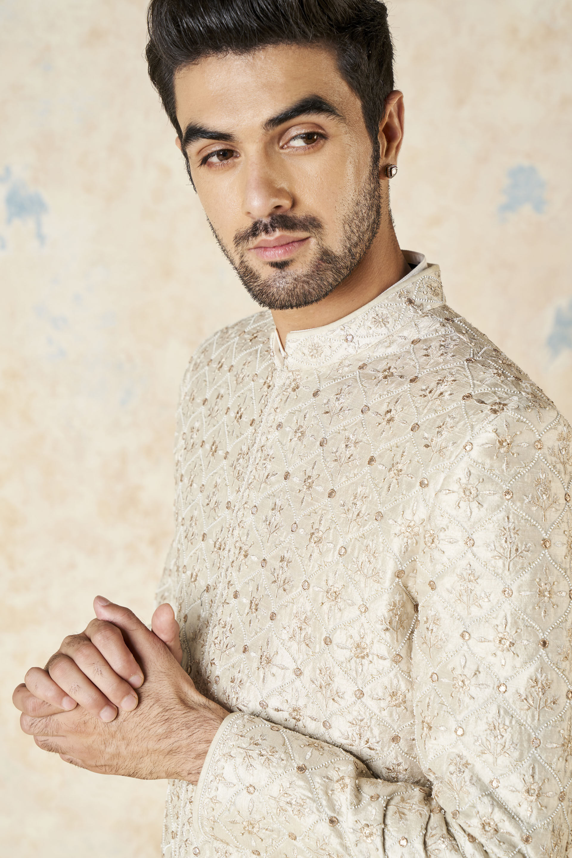Ainesh Gota Patti & Aari Silk Sherwani - Ivory, Ivory, image 8