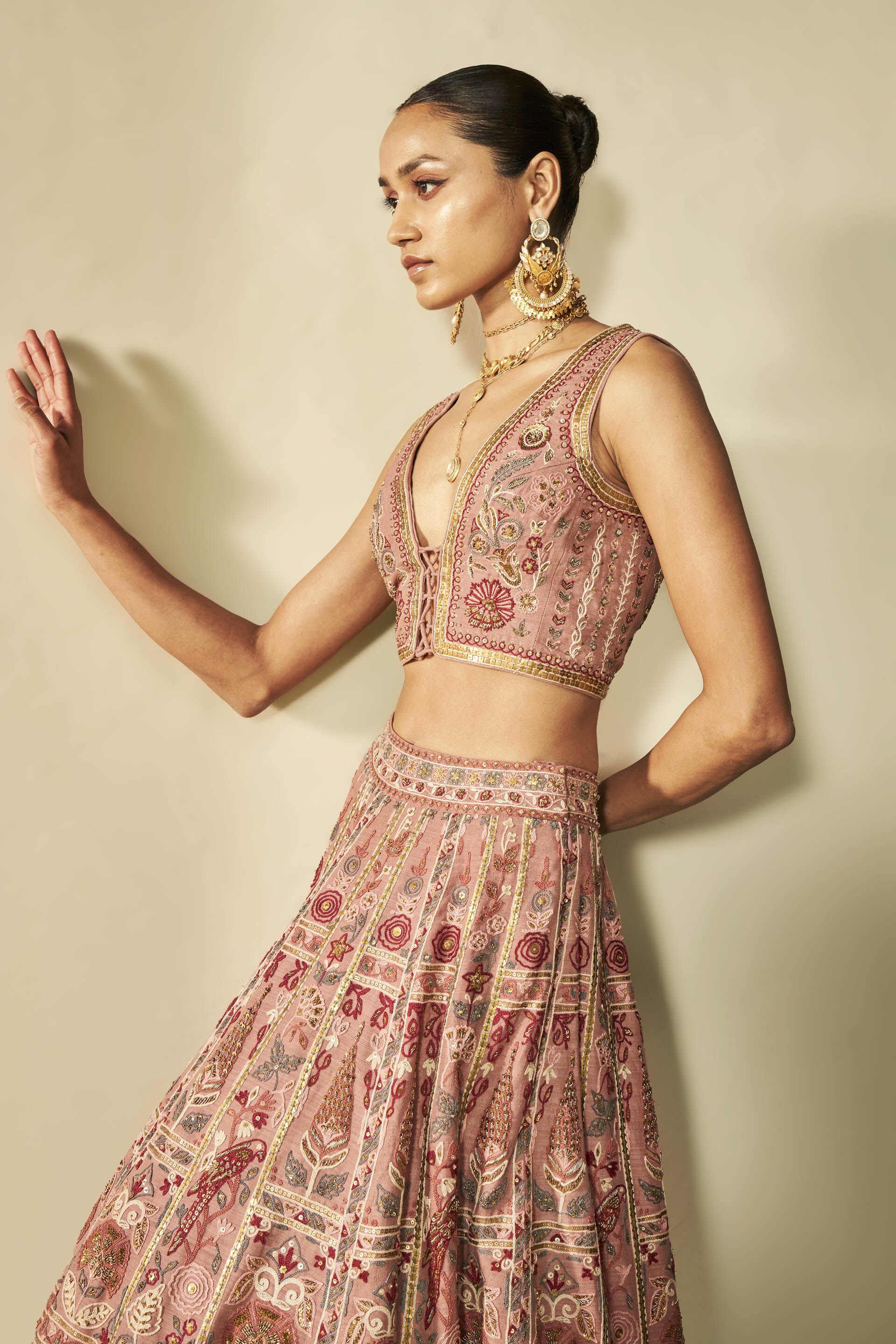 Kaadhal SEWA Hand-embroidered Silk Skirt Set - Old Rose, Old Rose, image 3