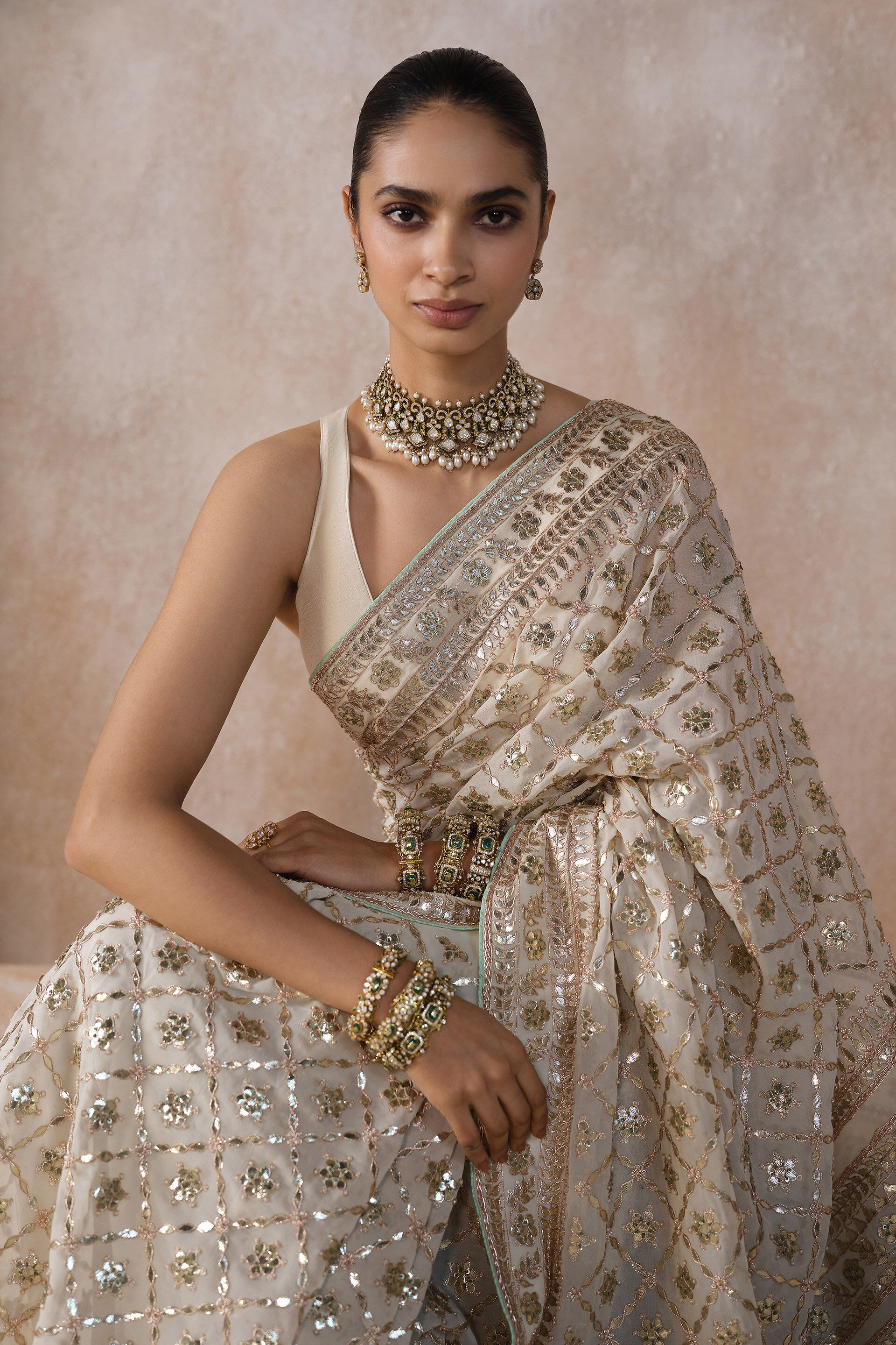 Tajanae Gota Patti Saree, Cream, image 5