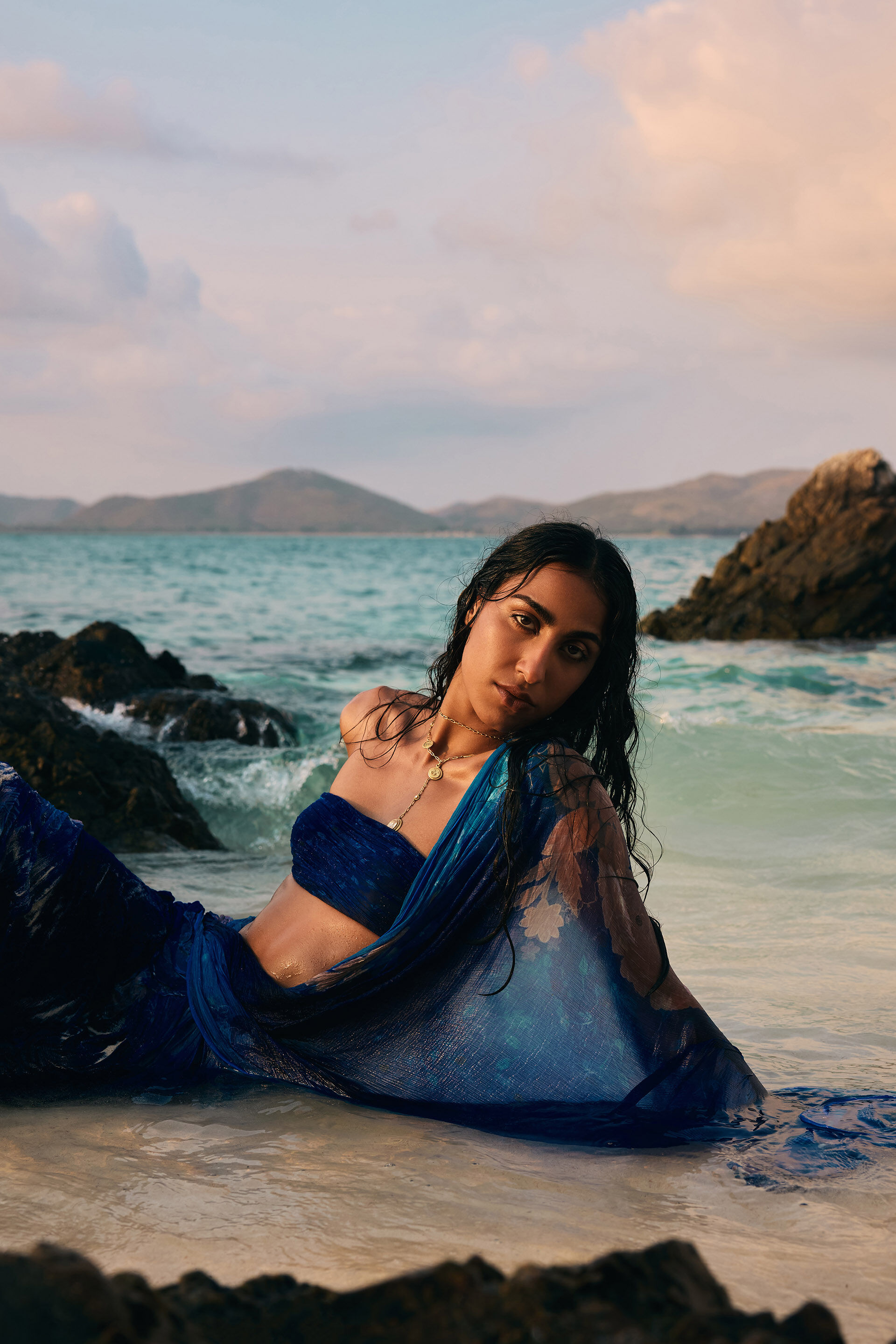 Watersculpt Chiffon Saree, Blue, image 7