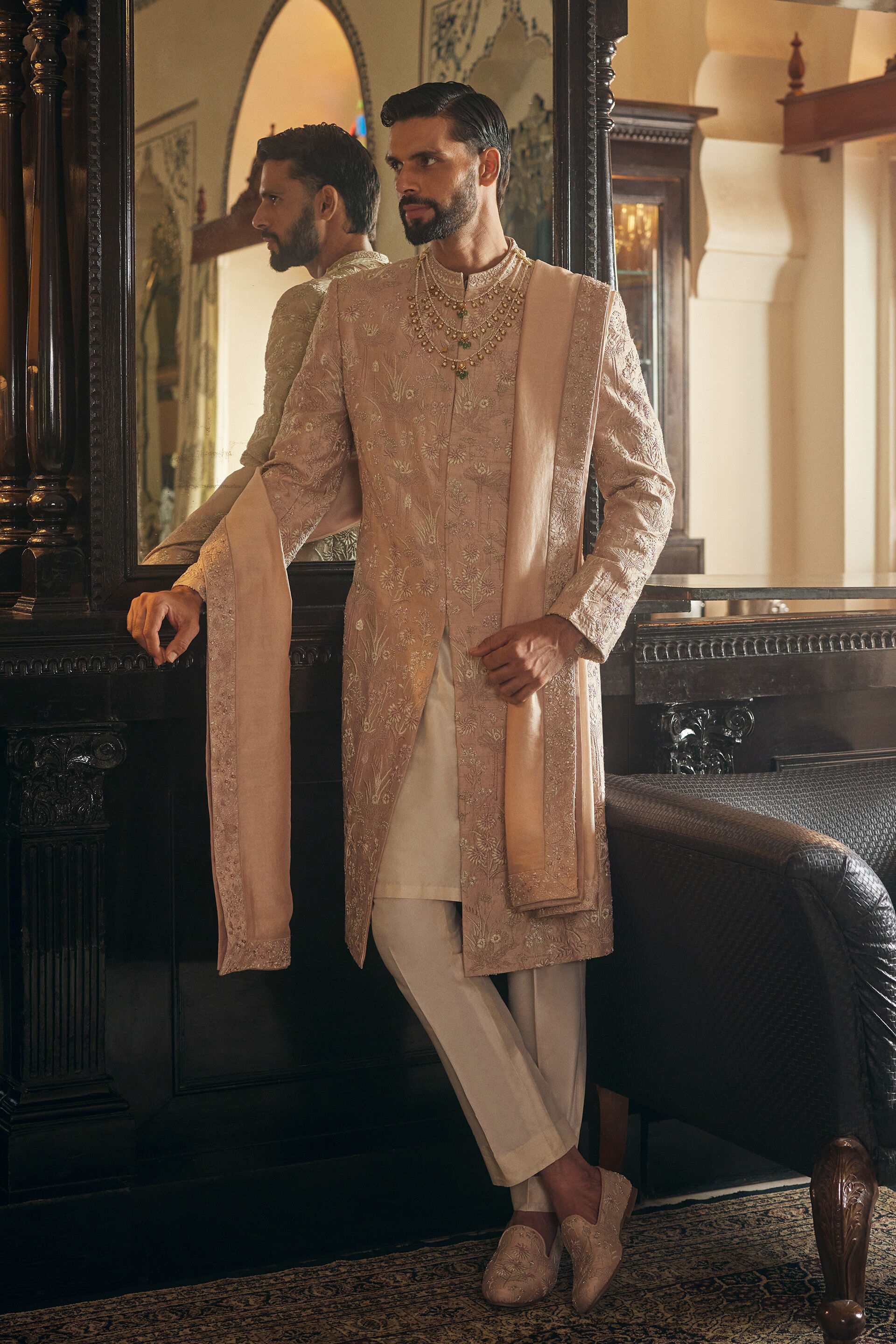 Mahanil Embroidered Silk Sherwani - Champagne