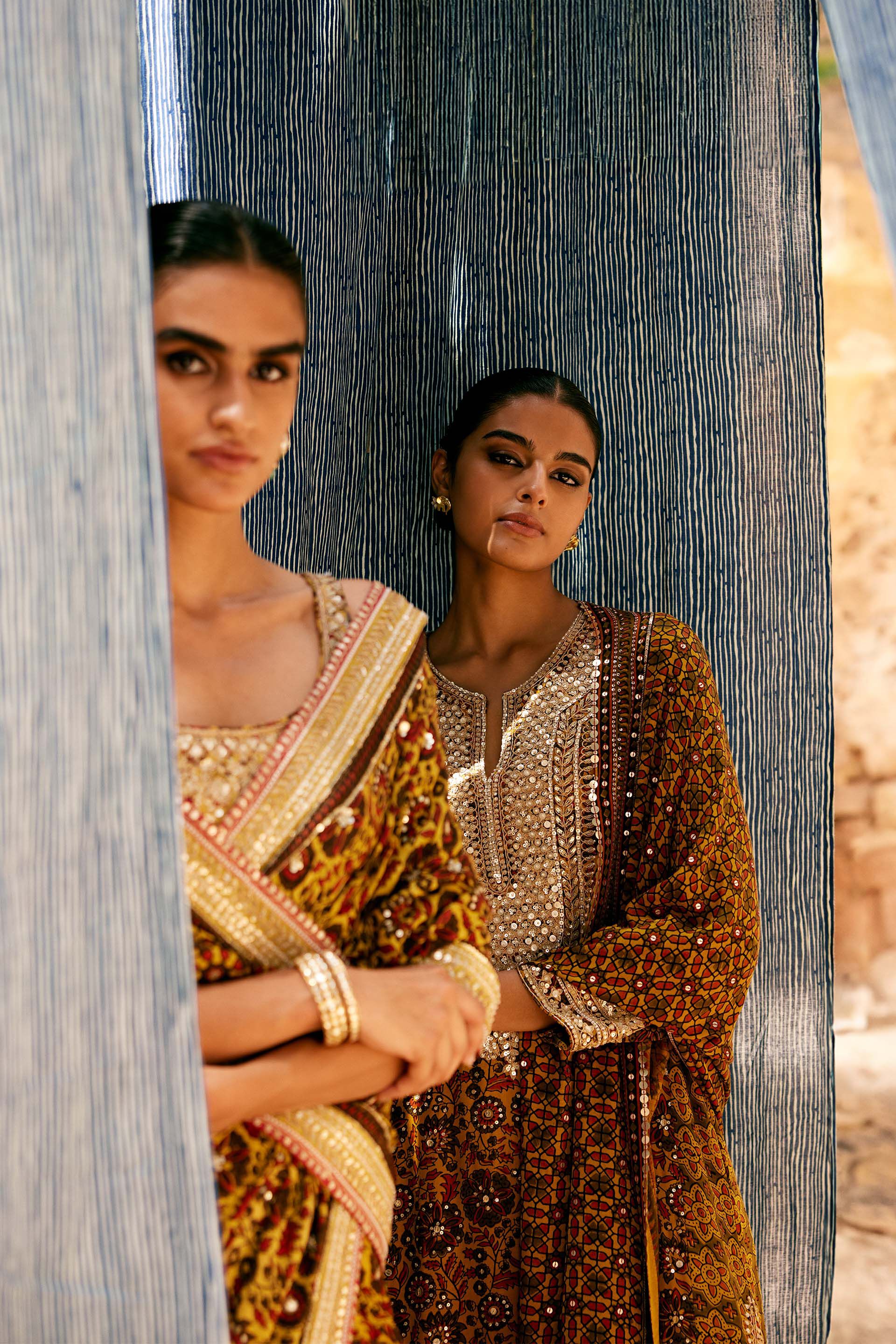 Kasano Ajrakh Hand-block Printed Silk Saree - Mustard, Mustard, image 10