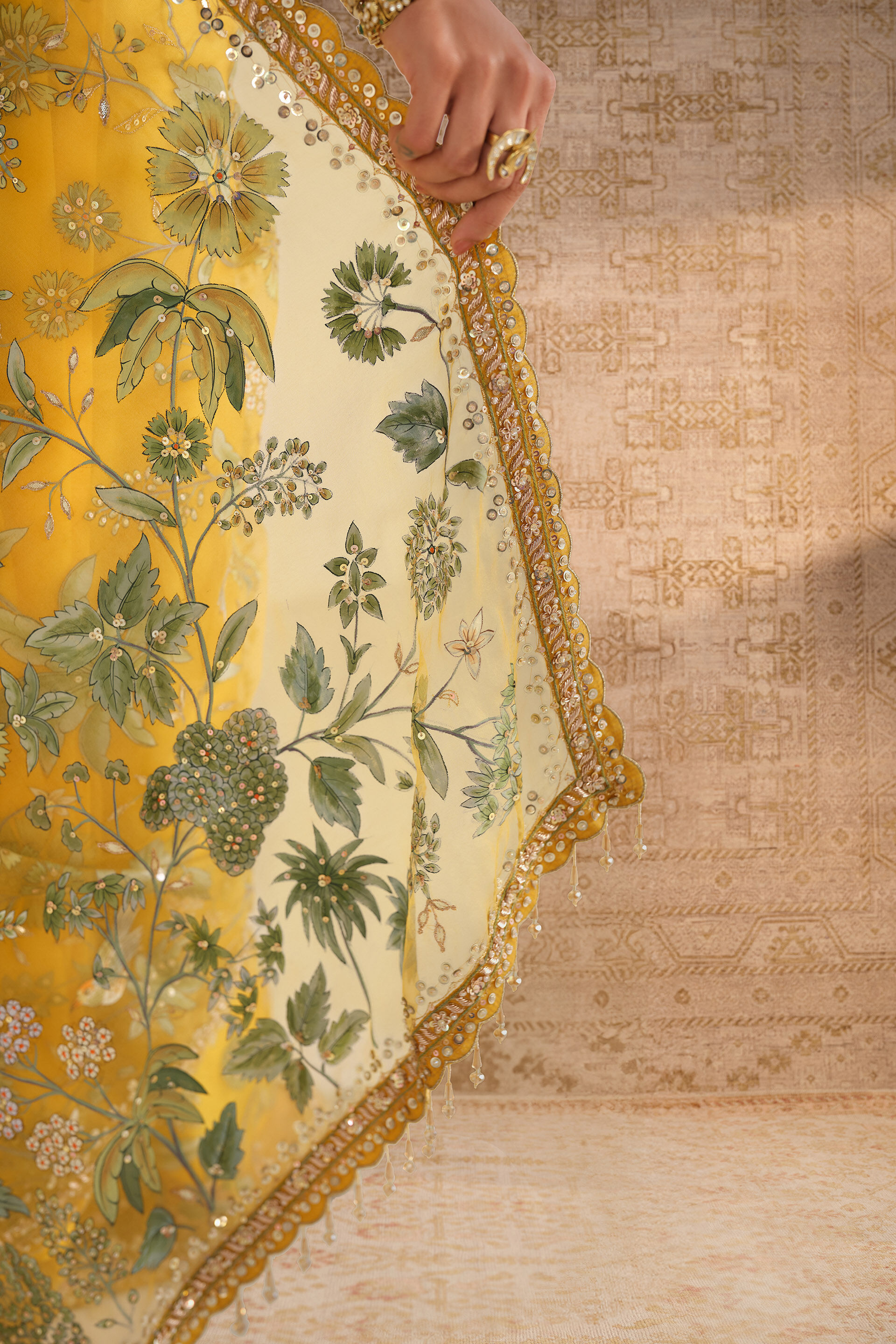 Nisarga Hand-painted Pichhwai Silk Saree - Mustard, Mustard, image 5