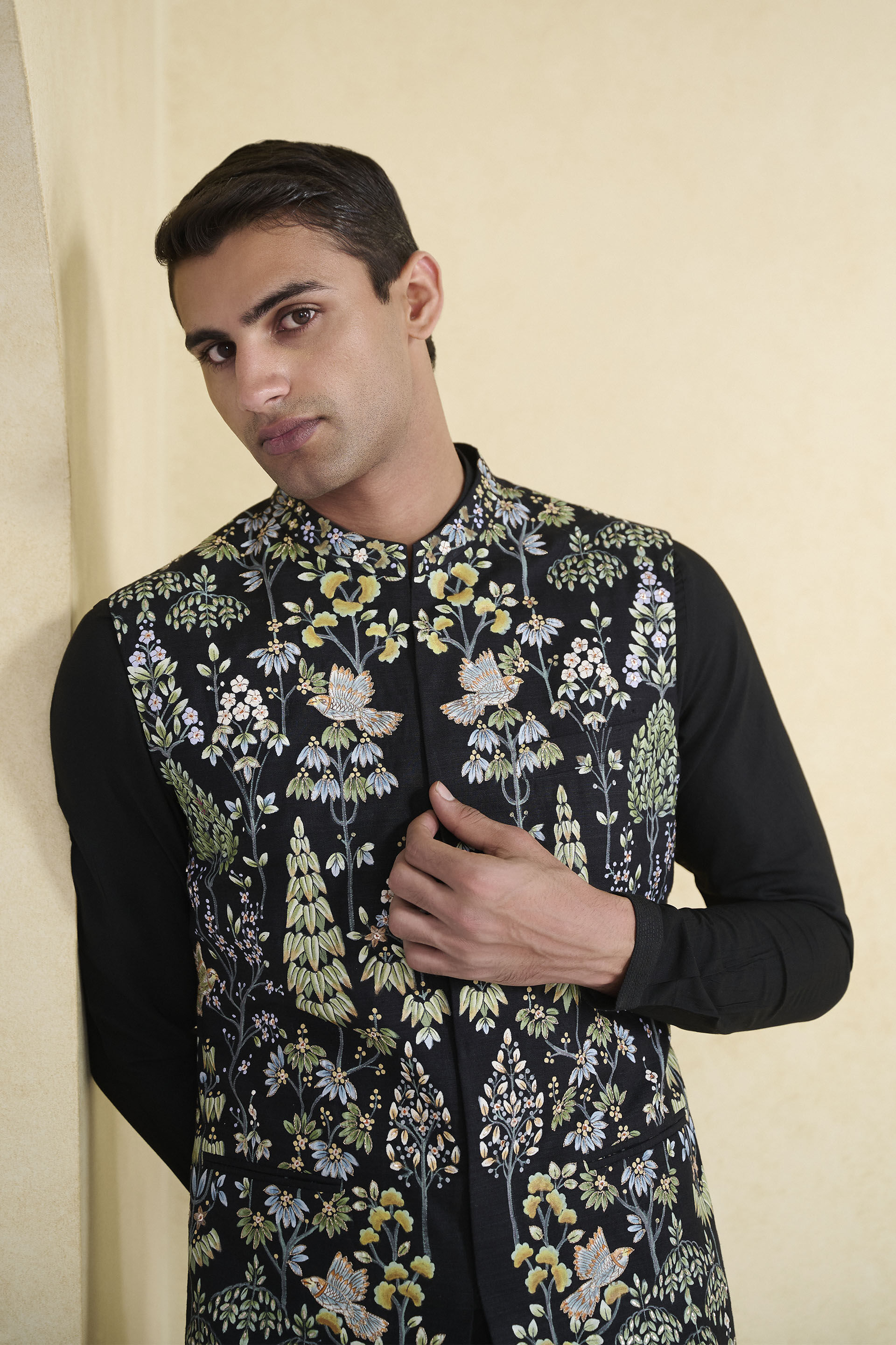 Nalesh Hand-painted Pichhwai Silk Nehru Jacket - Black, Black, image 5