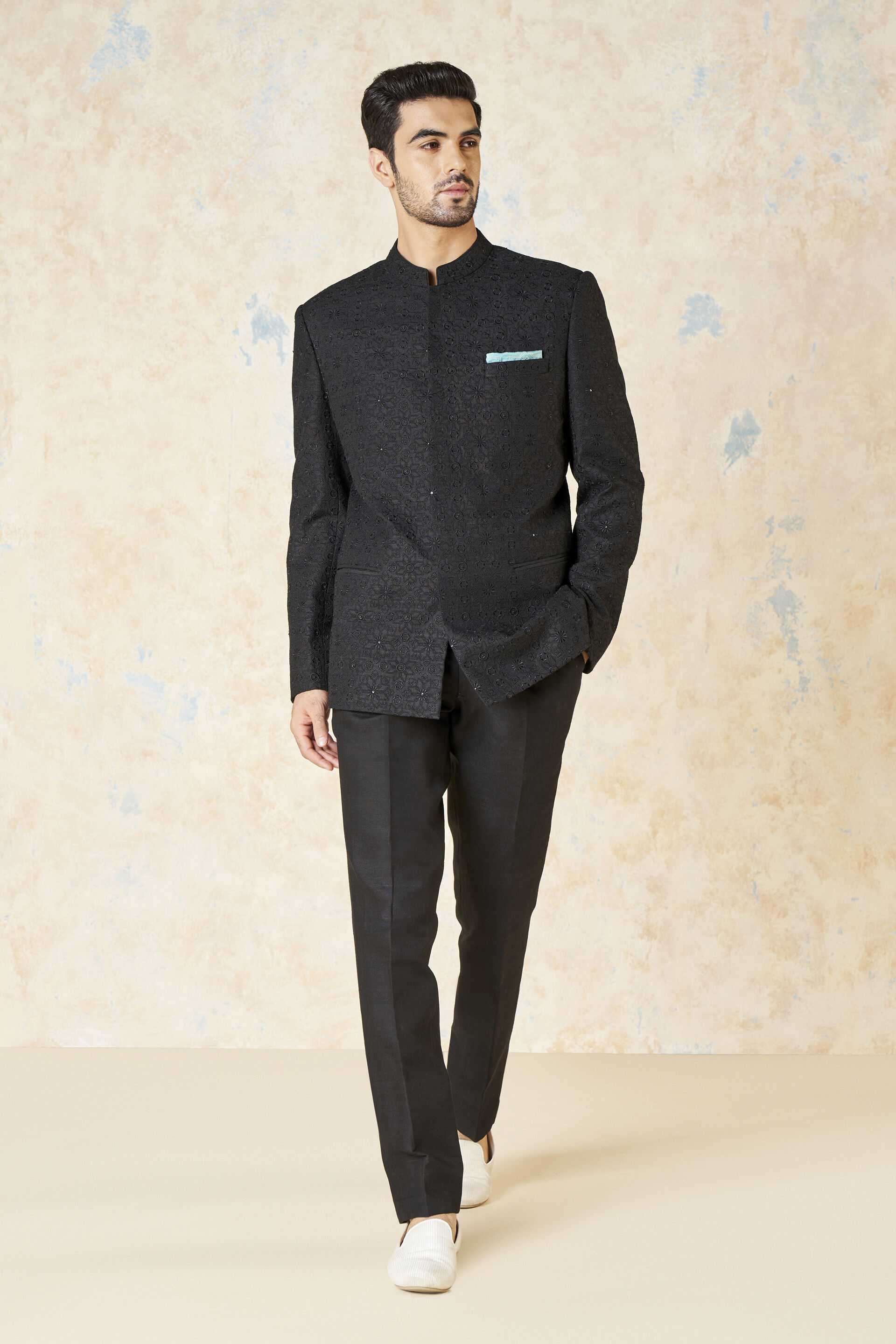 Anveer Embroidered Silk Bandhgala - Black