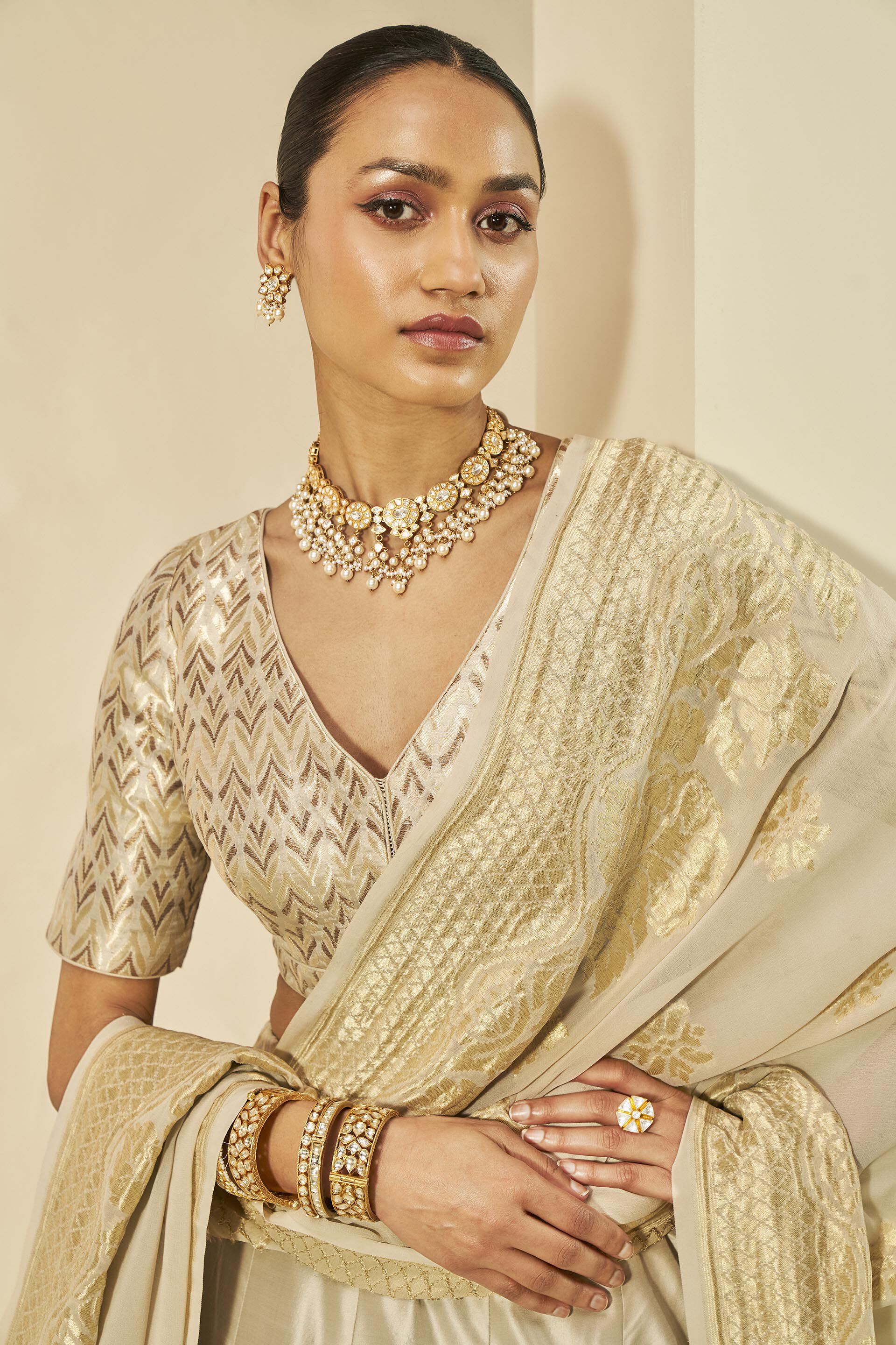 Kehkashan Benarasi Silk Lehanga Set - Gold, Gold, image 4