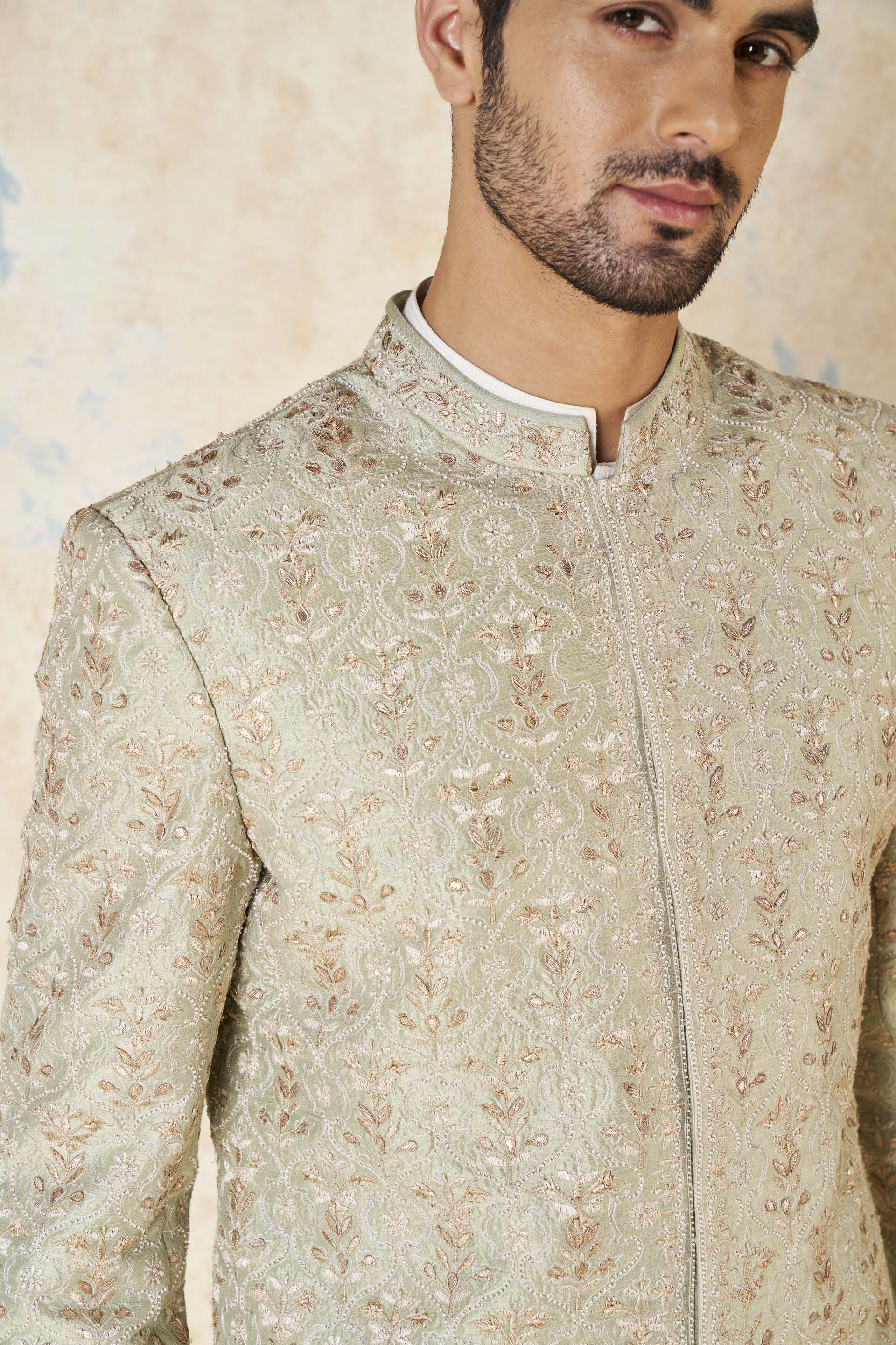 Devarsh Gota Patti & Aari Silk Sherwani - Sage, Sage, image 7