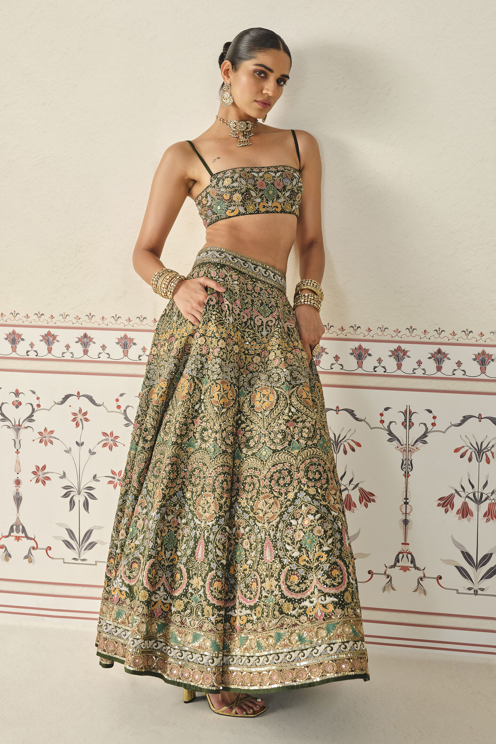 Yiska Embroidered Silk Skirt Set - Green, Green, image 4