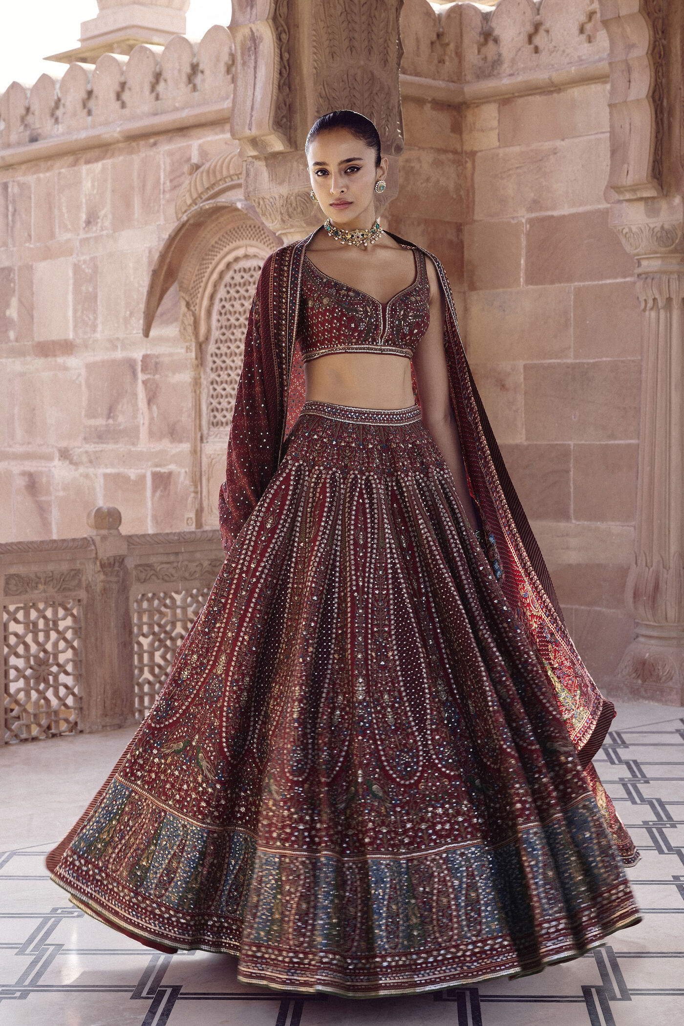 Buy Designer Amalaka Silk Lehenga Set Deep Red Online from Anita