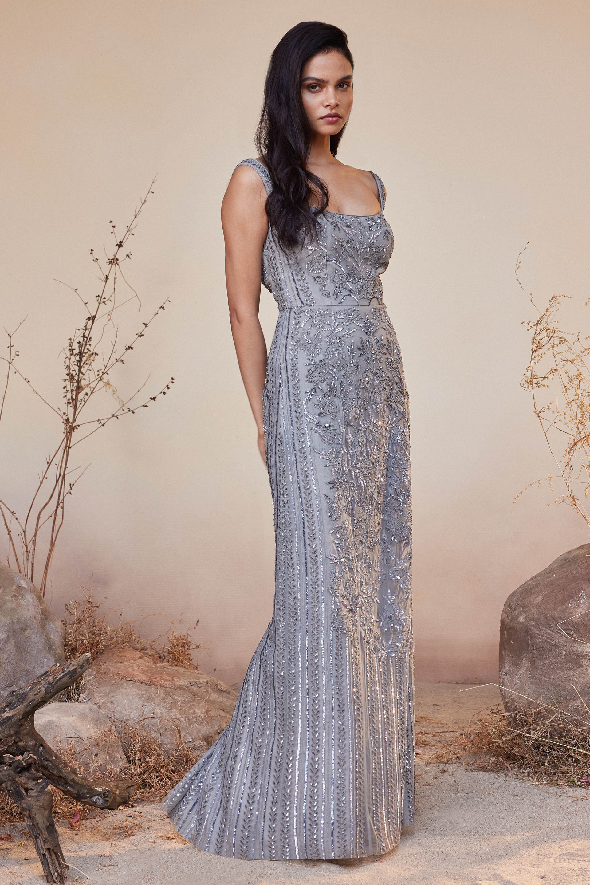 Stardust Embroidered Cord Gown Grey