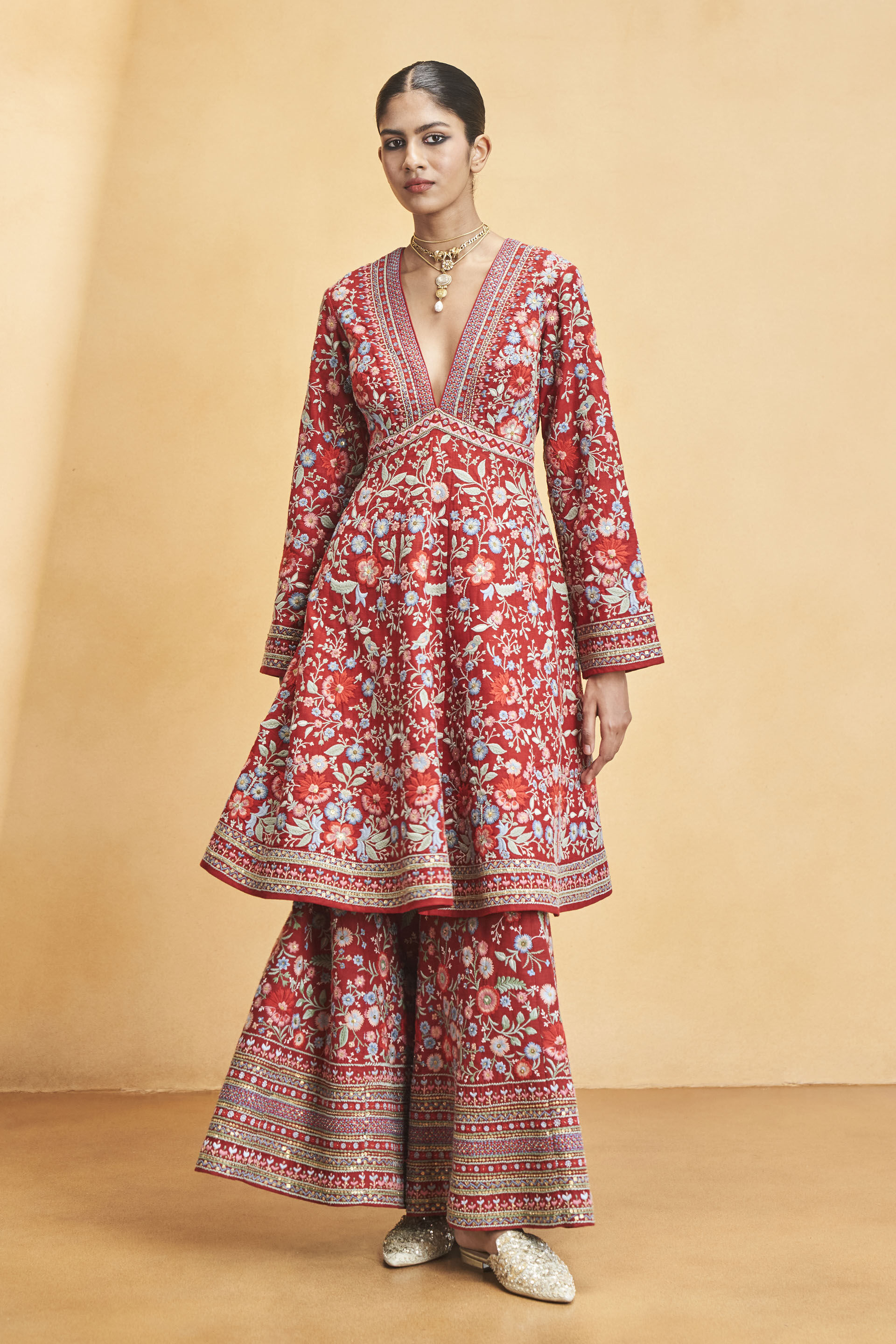 Floral Ballad Embroidered Zardozi Silk Kurta Set - Red, Red, image 1