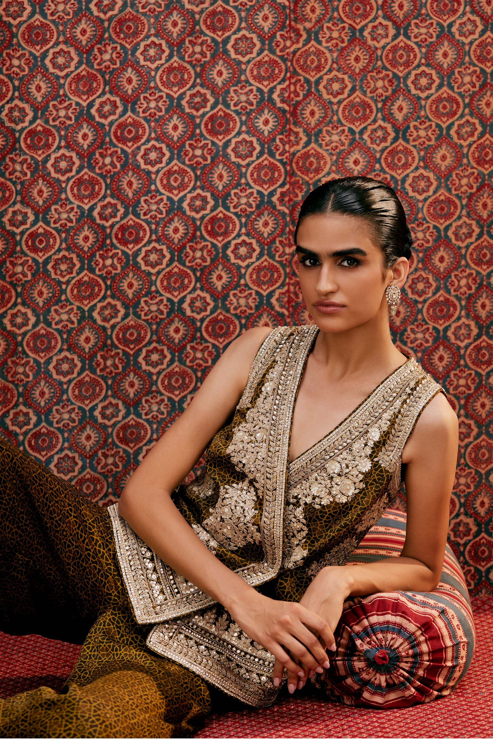 Bahada Ajrakh Hand-block Printed Silk Palazzo Set - Olive, Olive, image 4