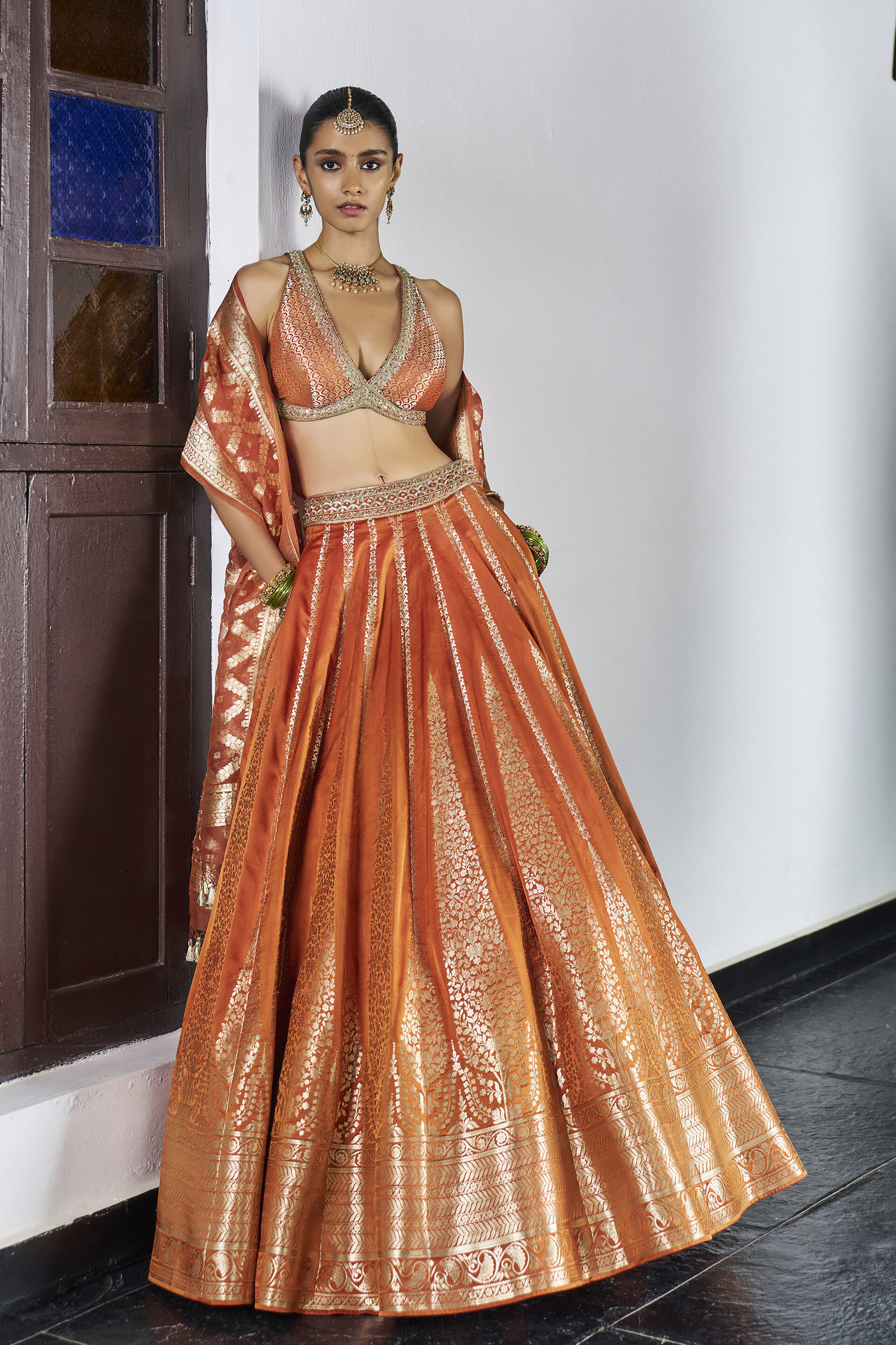 Kaadhal Handwoven Benarasi Lehenga Set - Orange