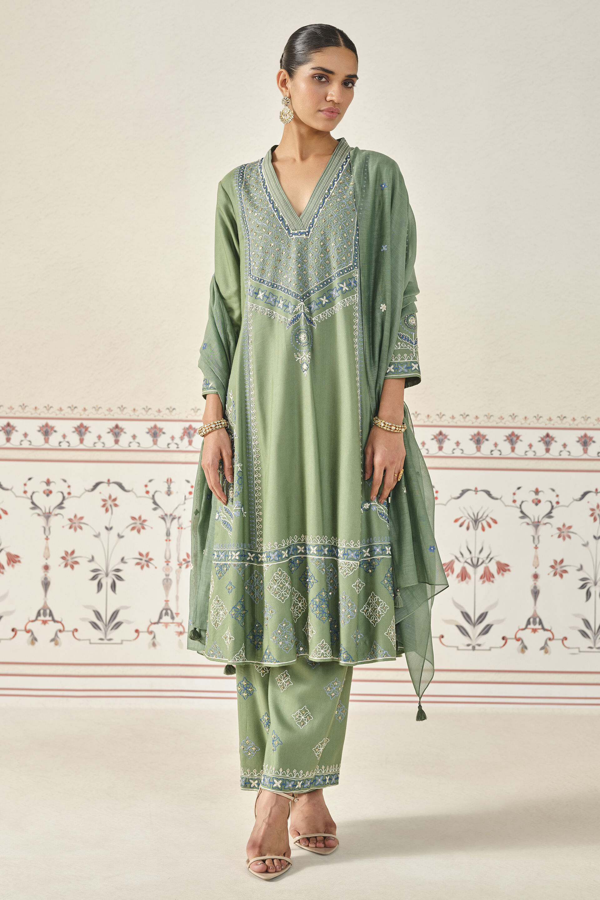 Buy Designer Anedya Kantha Silk Suit Set Sage Online from Anita Dongre