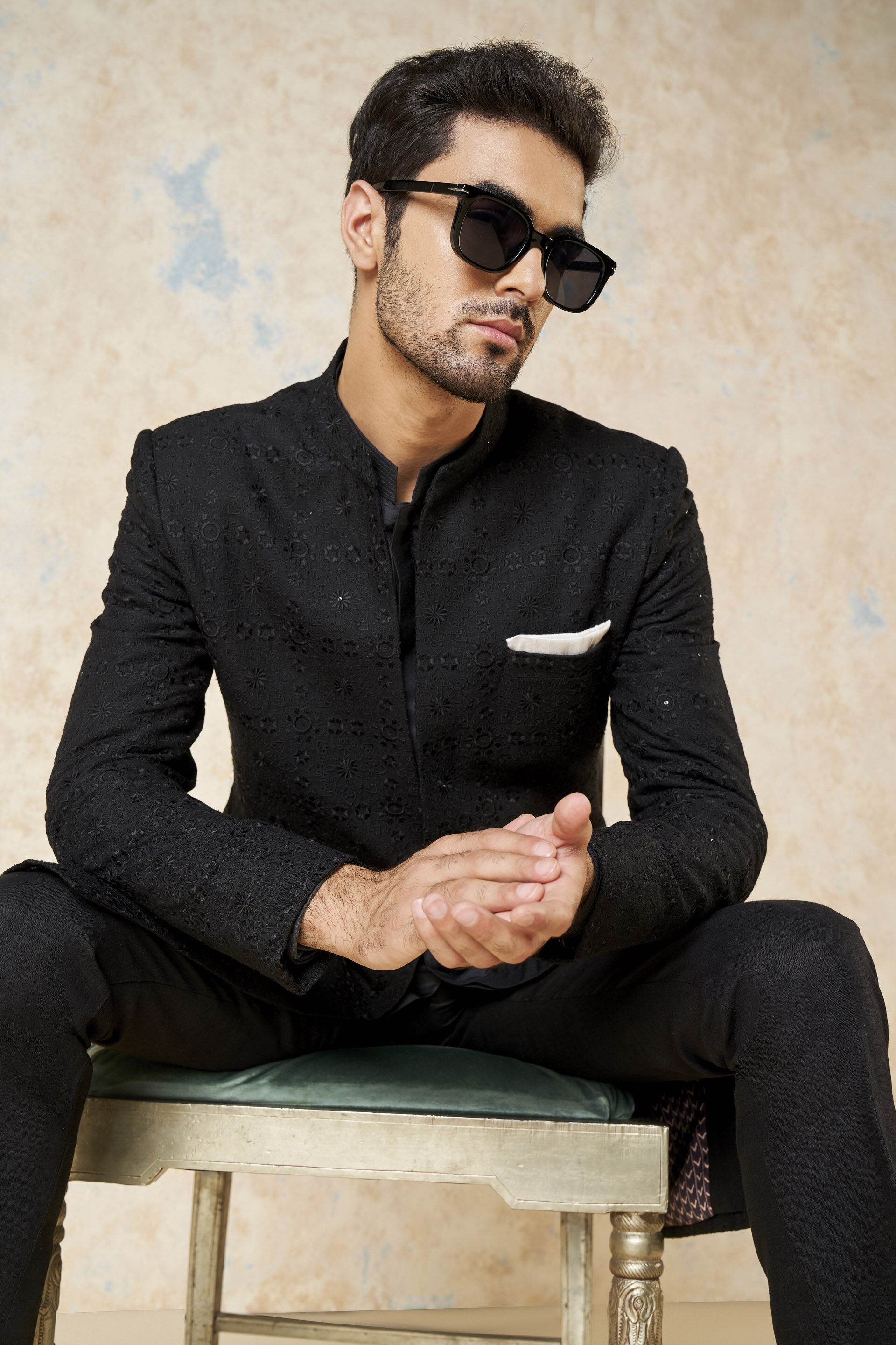 Yuven Silk Sherwani - Black, Black, image 8