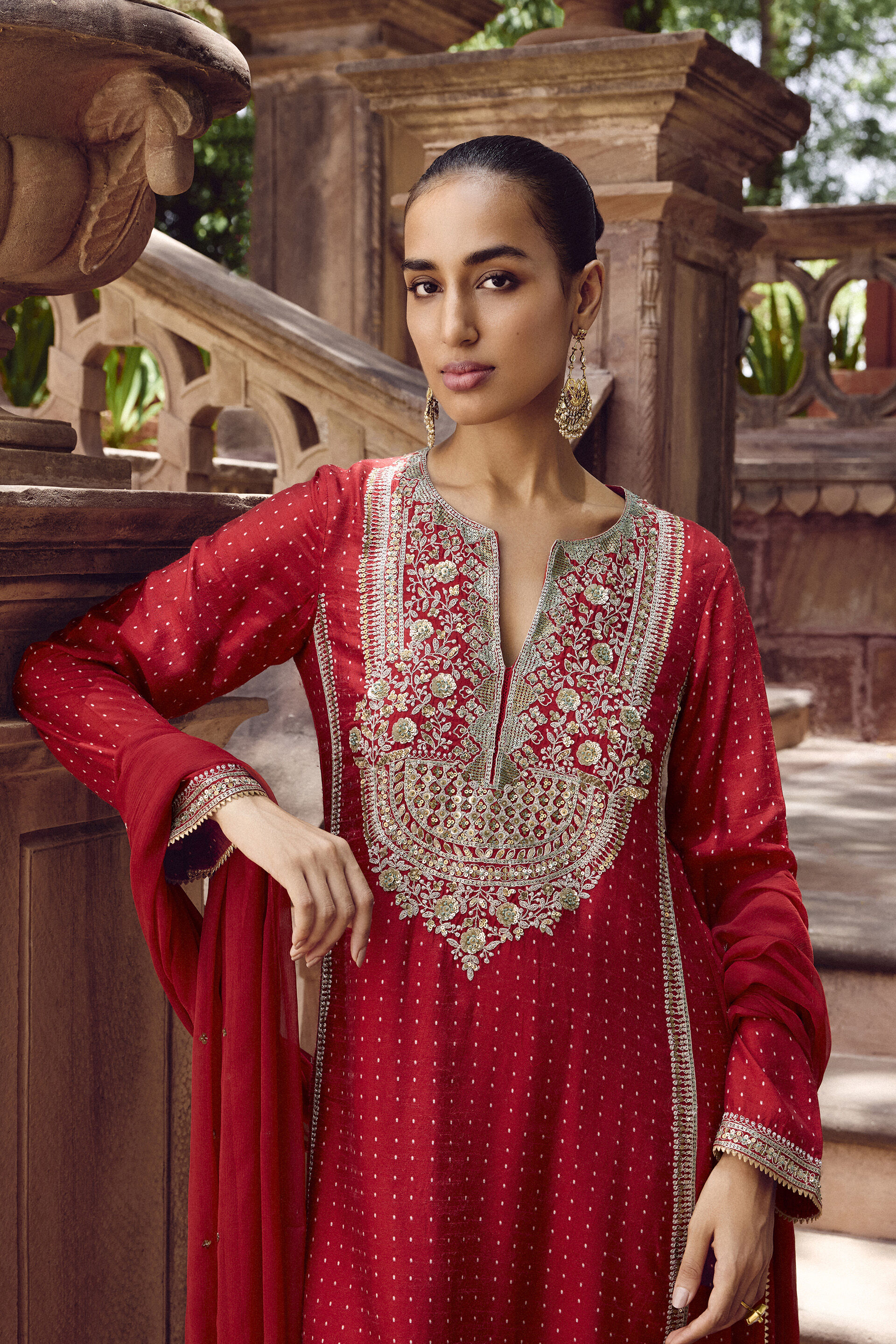 Sindhura Embroidered Silk Suit Set - Red, Red, image 3