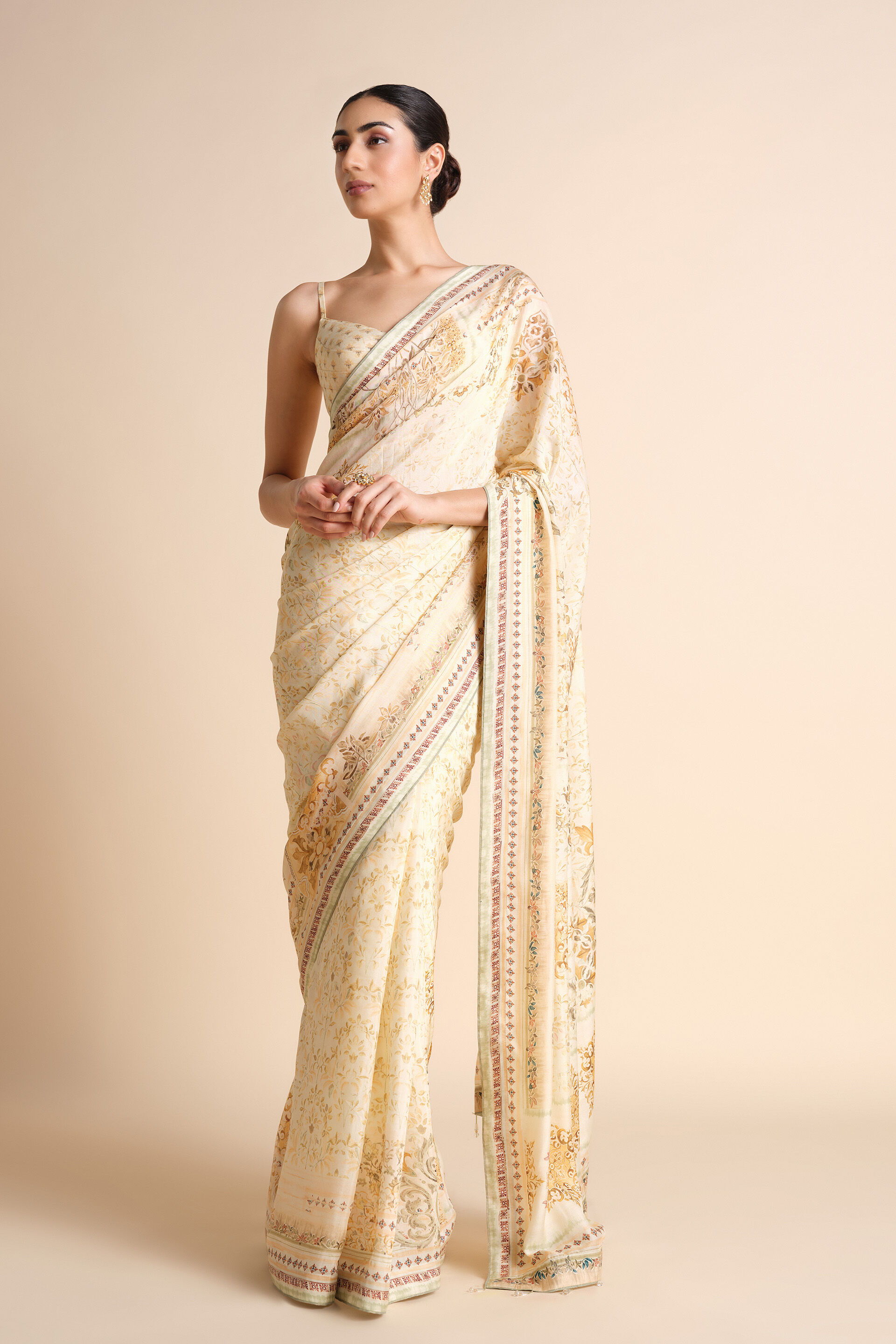 Vanora Printed Saree - Cream, Cream, image 1
