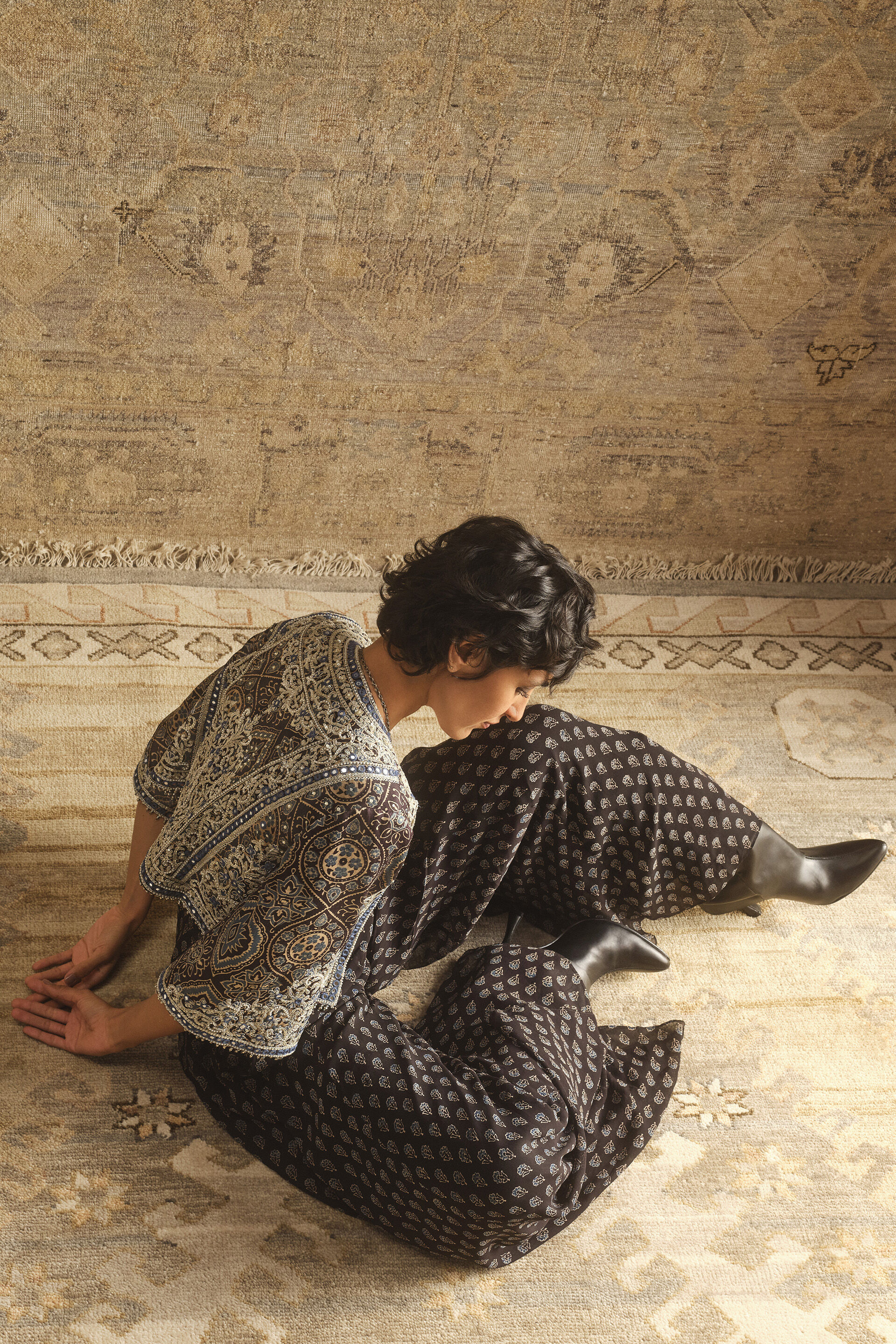 Maheyi Ajrakh Hand-block Printed Jacket Set - Black, Black, image 4