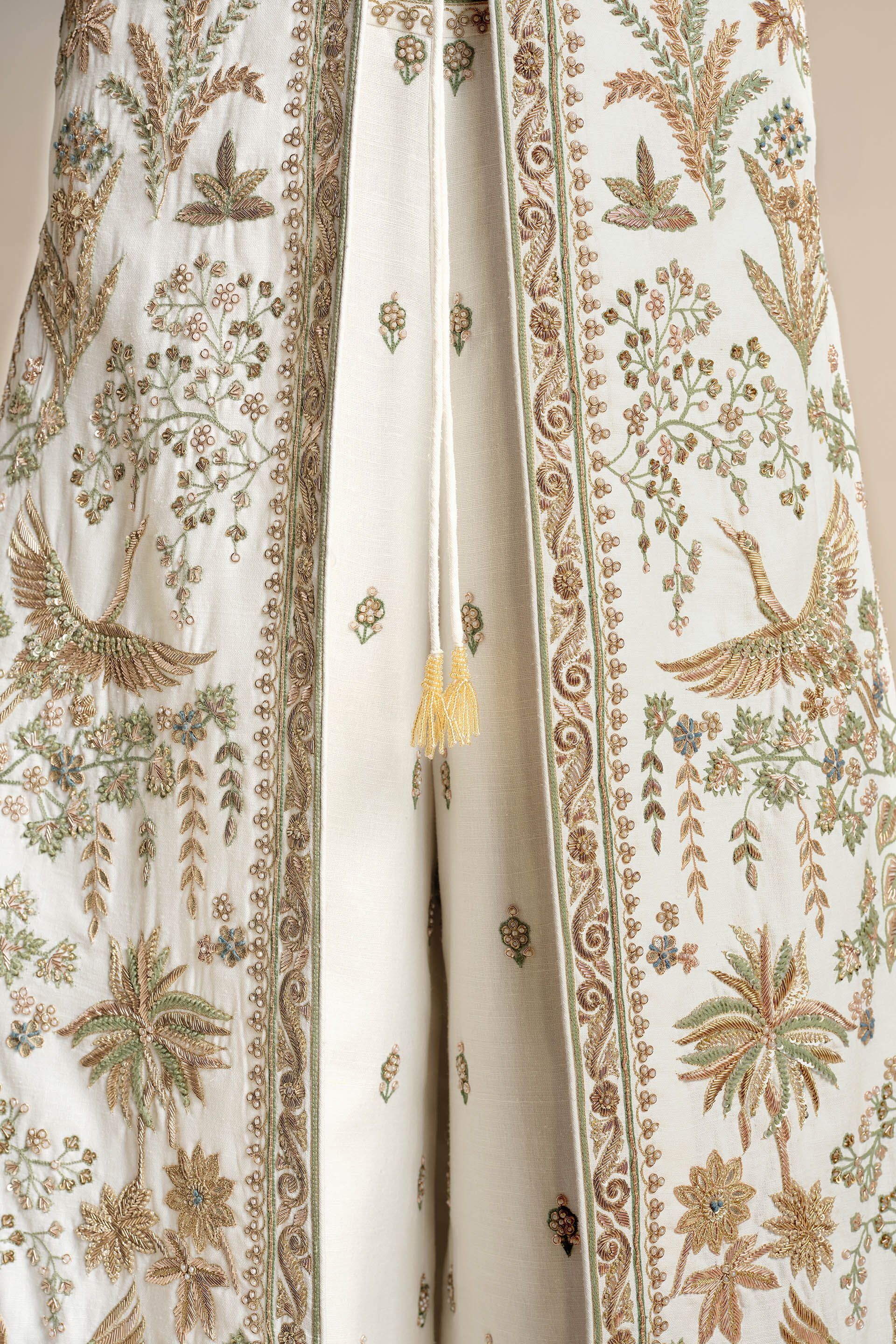 Aralai Embroidered Zardozi Silk Jacket Set - White, Cream, image 7