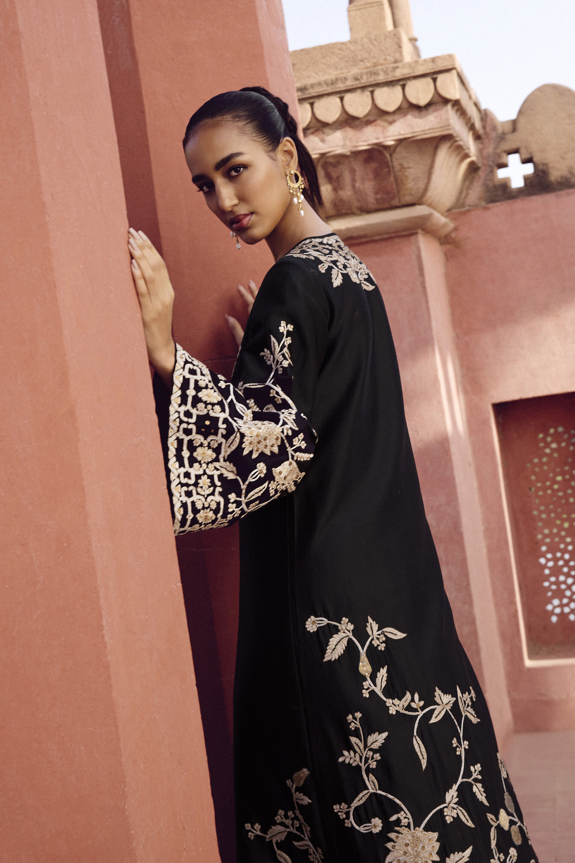 Samara Embroidered Silk Kaftan - Black, Black, image 5