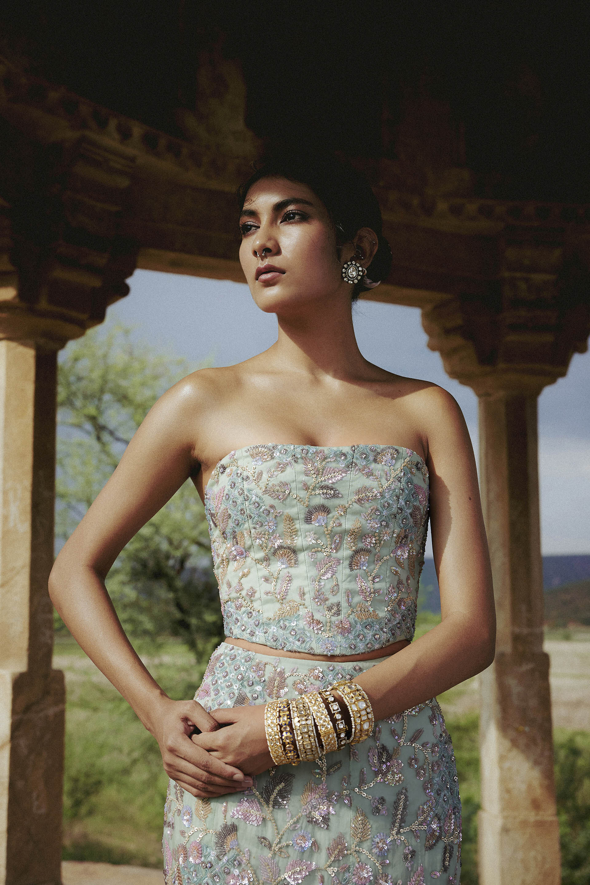 Kusha Embroidered Silk Skirt Set - Sage, Sage, image 5