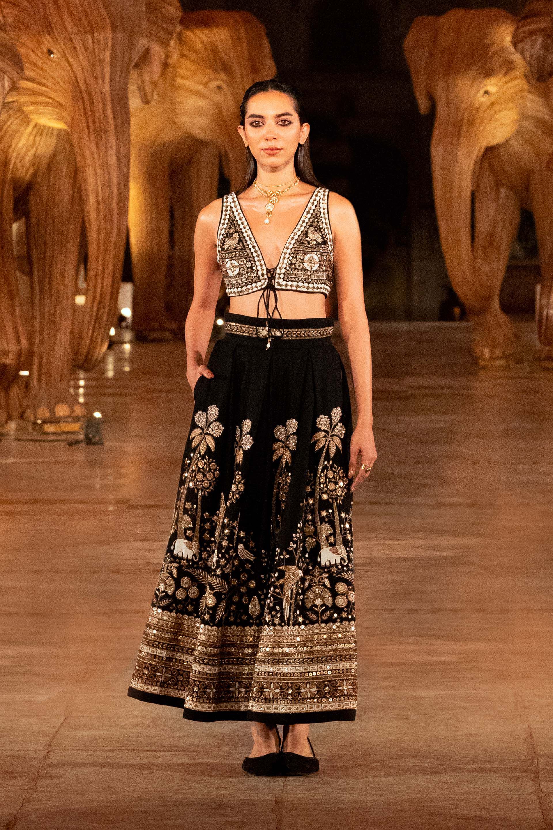 Pride Of The Forest Embroidered Zardozi Silk Skirt Set - Black, Black, image 4