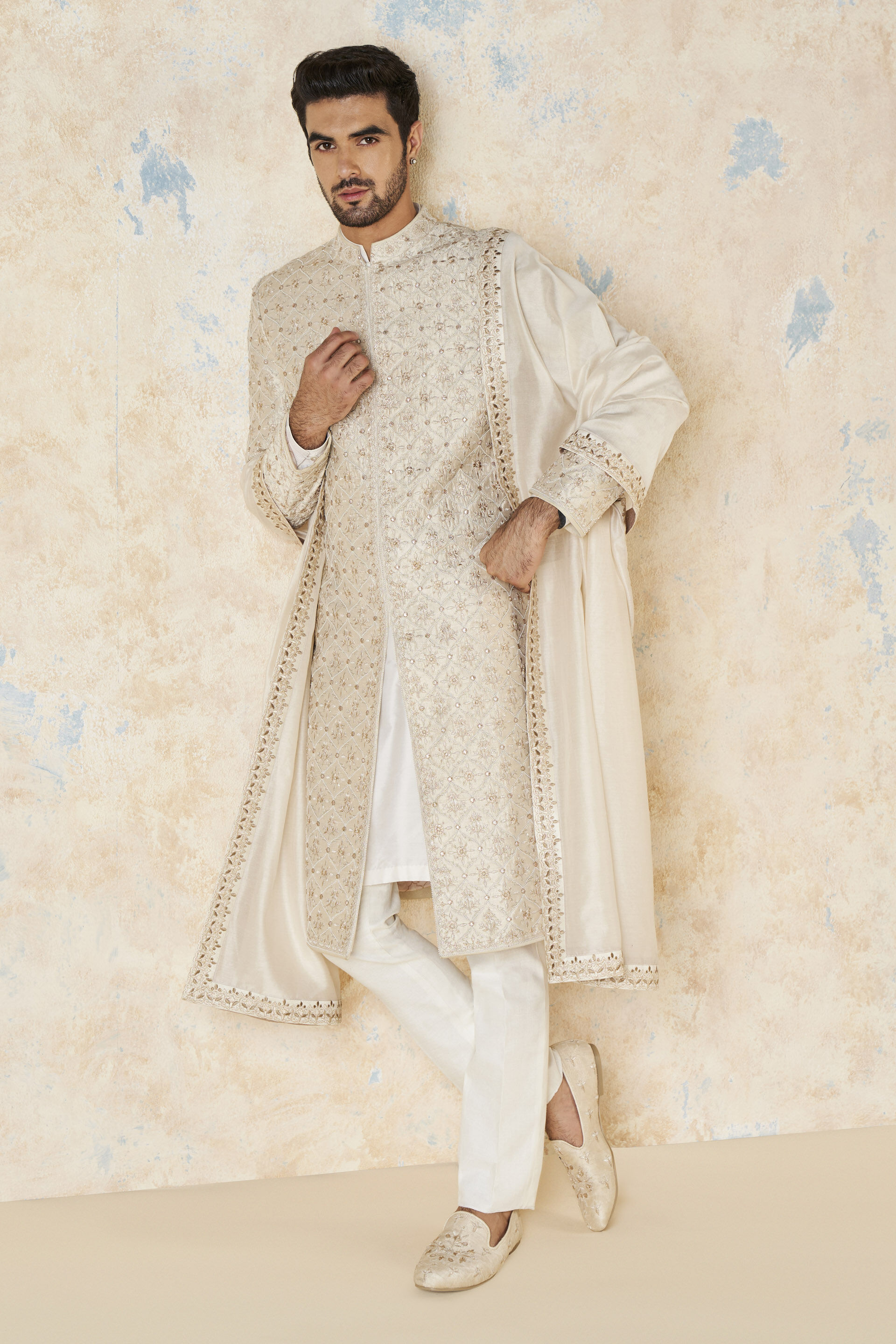 Ainesh Gota Patti & Aari Silk Sherwani - Ivory, Ivory, image 5