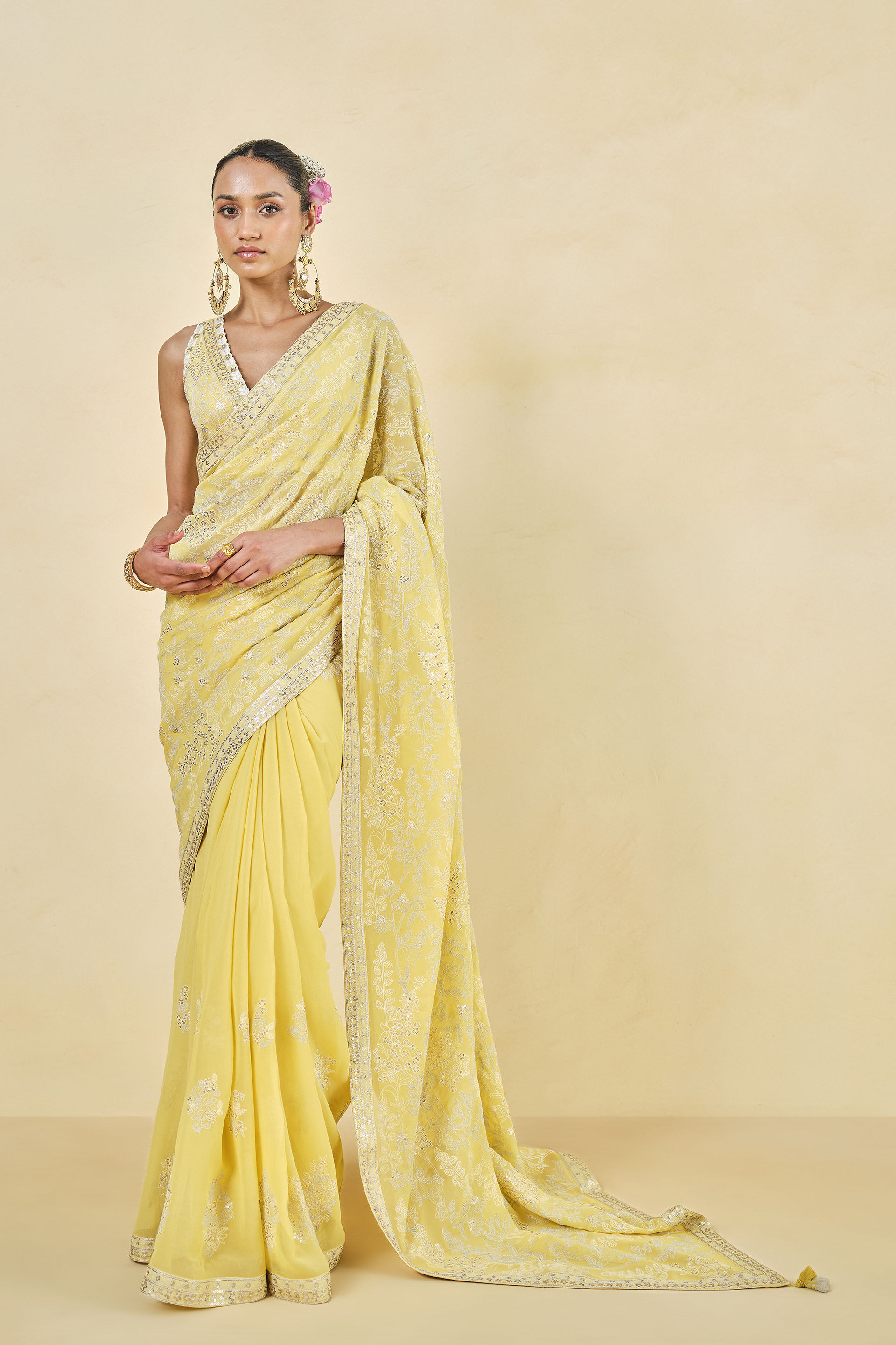 Allamanda Embroidered Georgette Saree - Yellow, Yellow, image 1