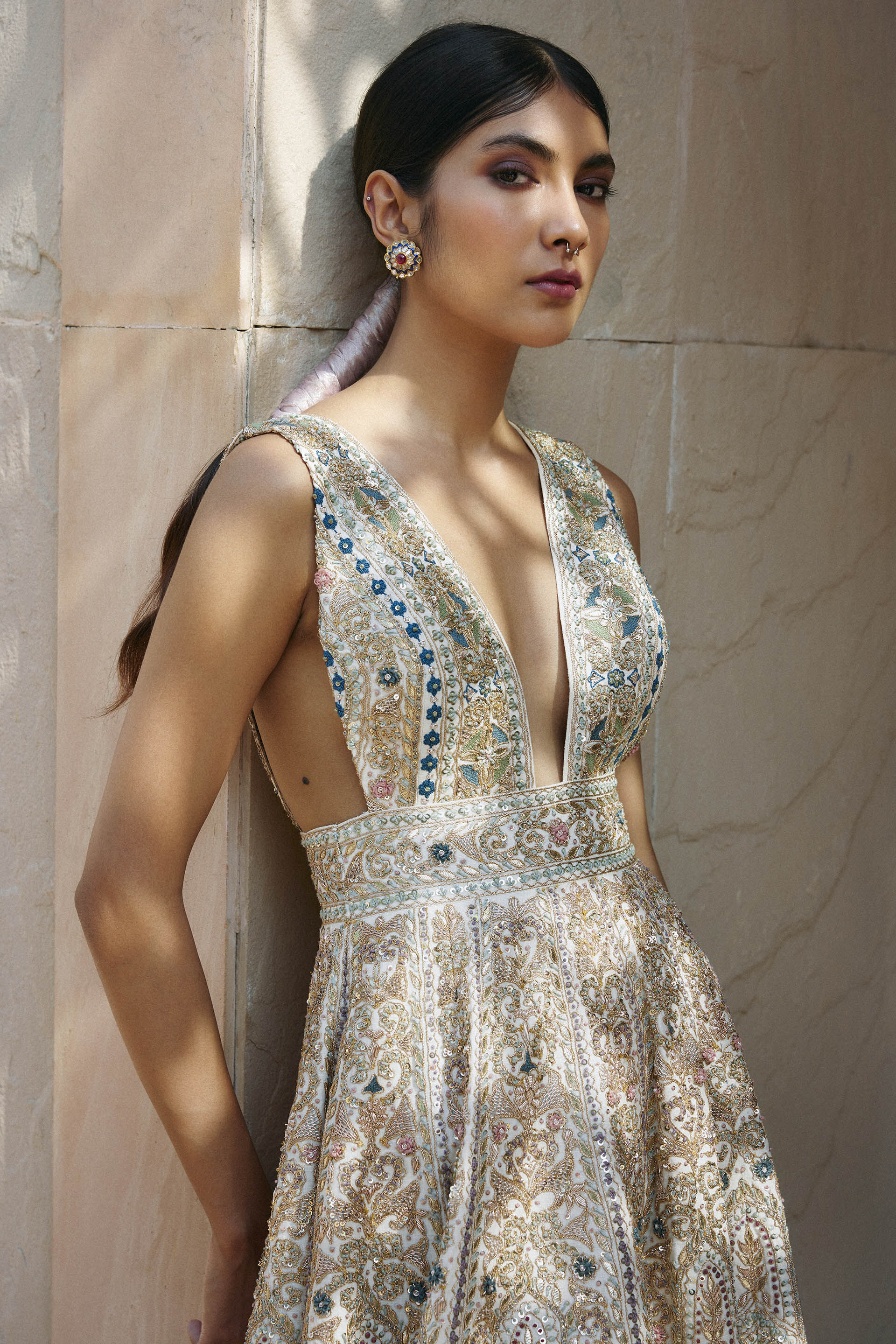 Mihika Zardozi Gota Patti Silk Dress Ivory