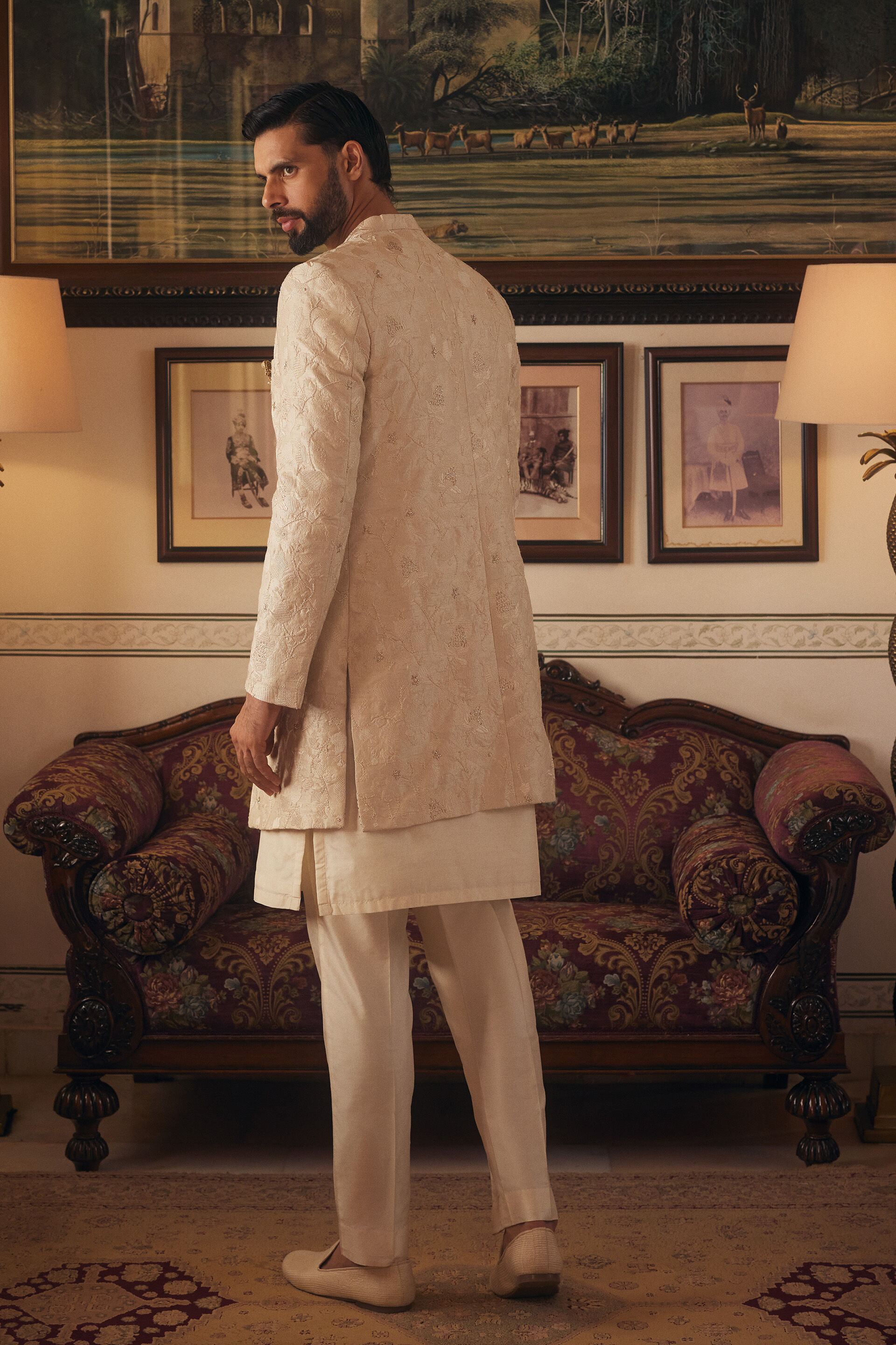 Gurbaz Embroidered Silk Sherwani - Ivory