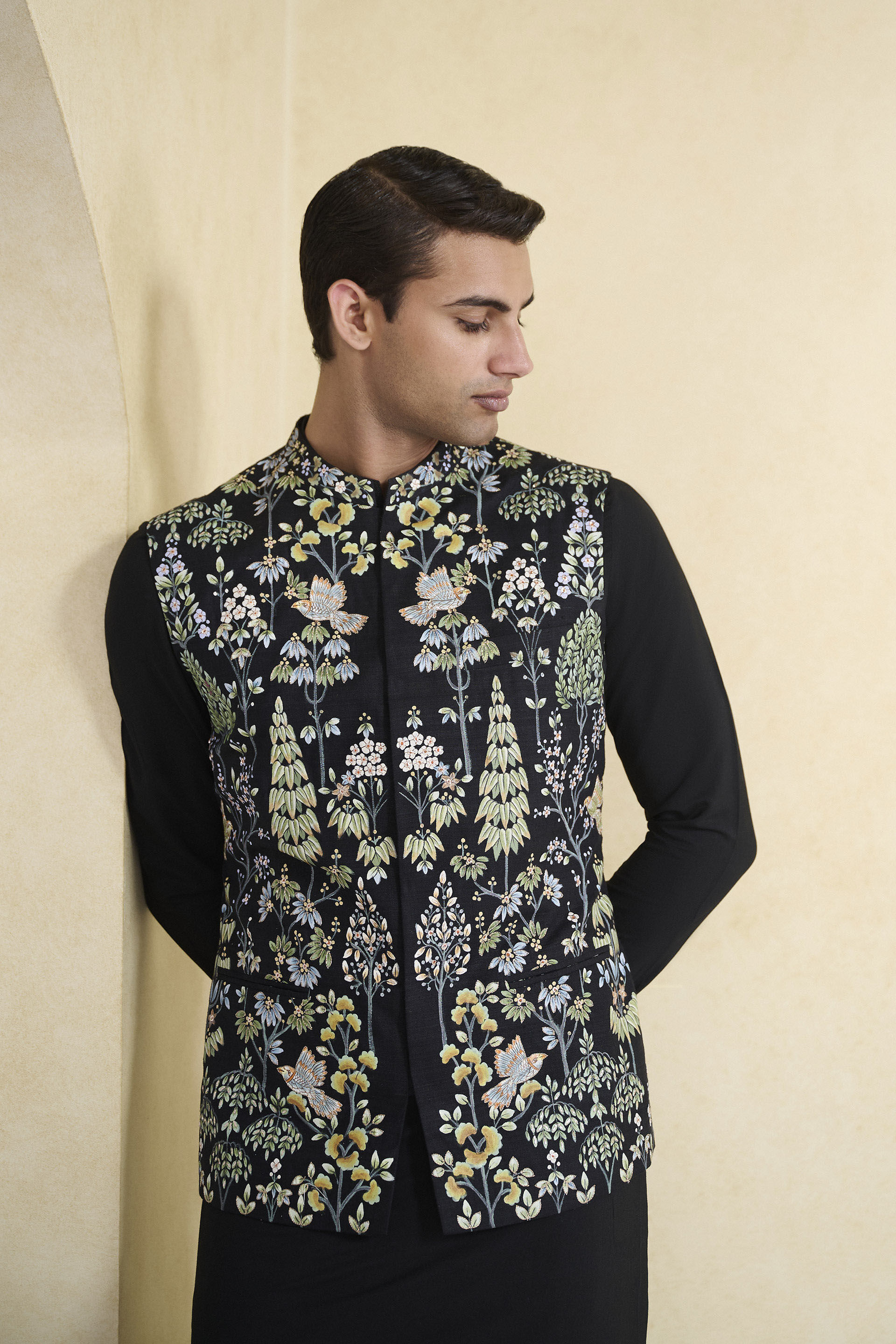 Nalesh Hand-painted Pichhwai Silk Nehru Jacket - Black, Black, image 4