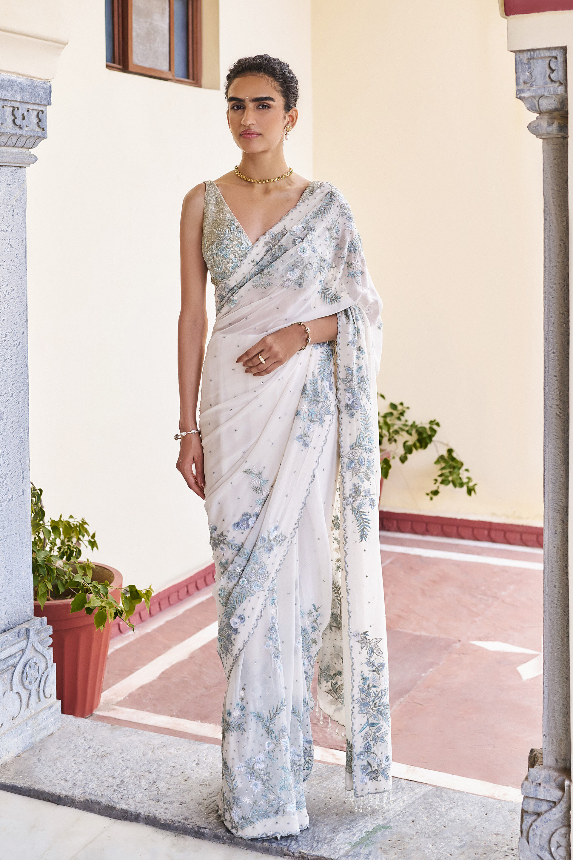 Allure Embroidered Saree - ​Blue, Ivory, image 1