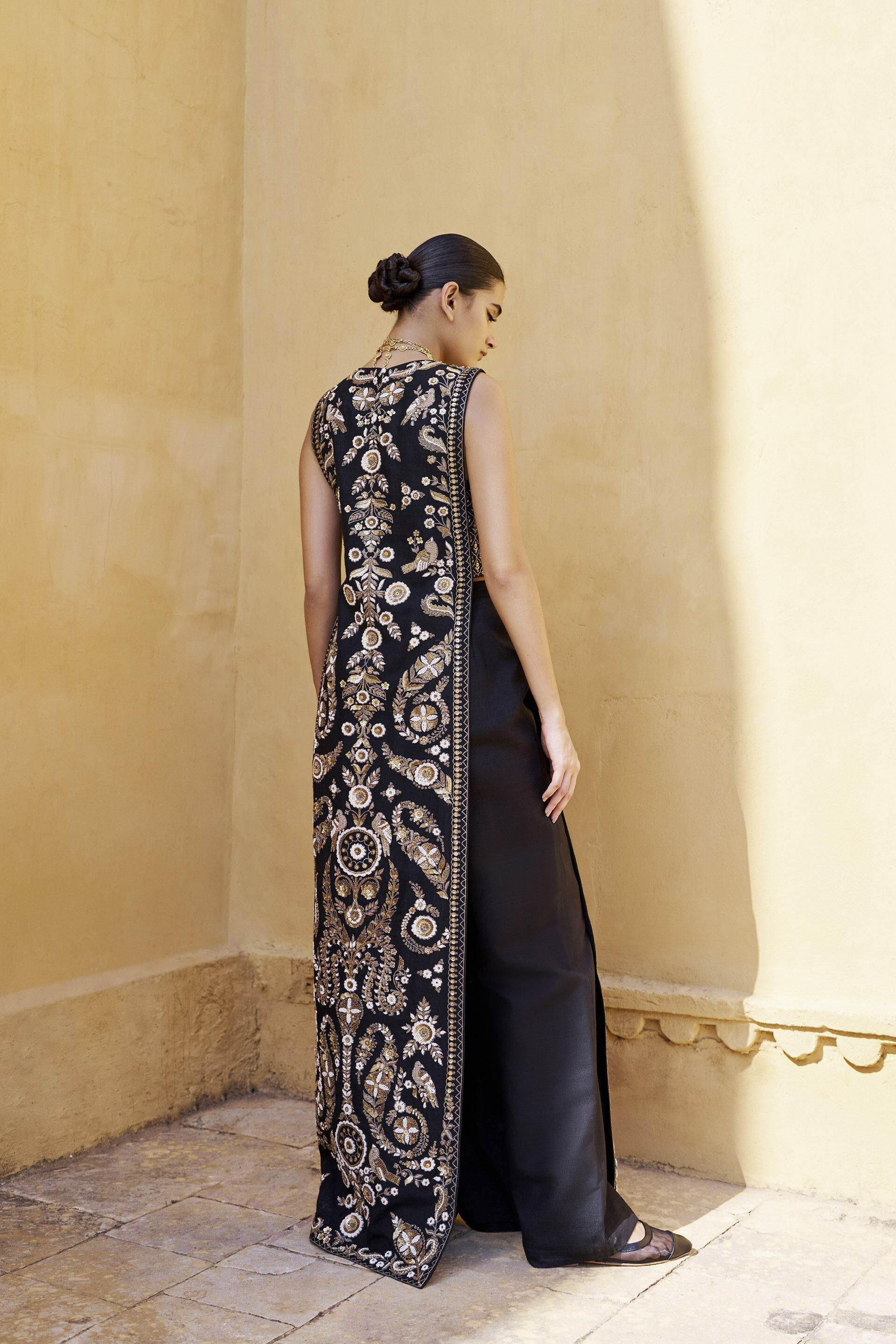 From The Wilderness Embroidered Zardozi Silk Tabard Set - Black