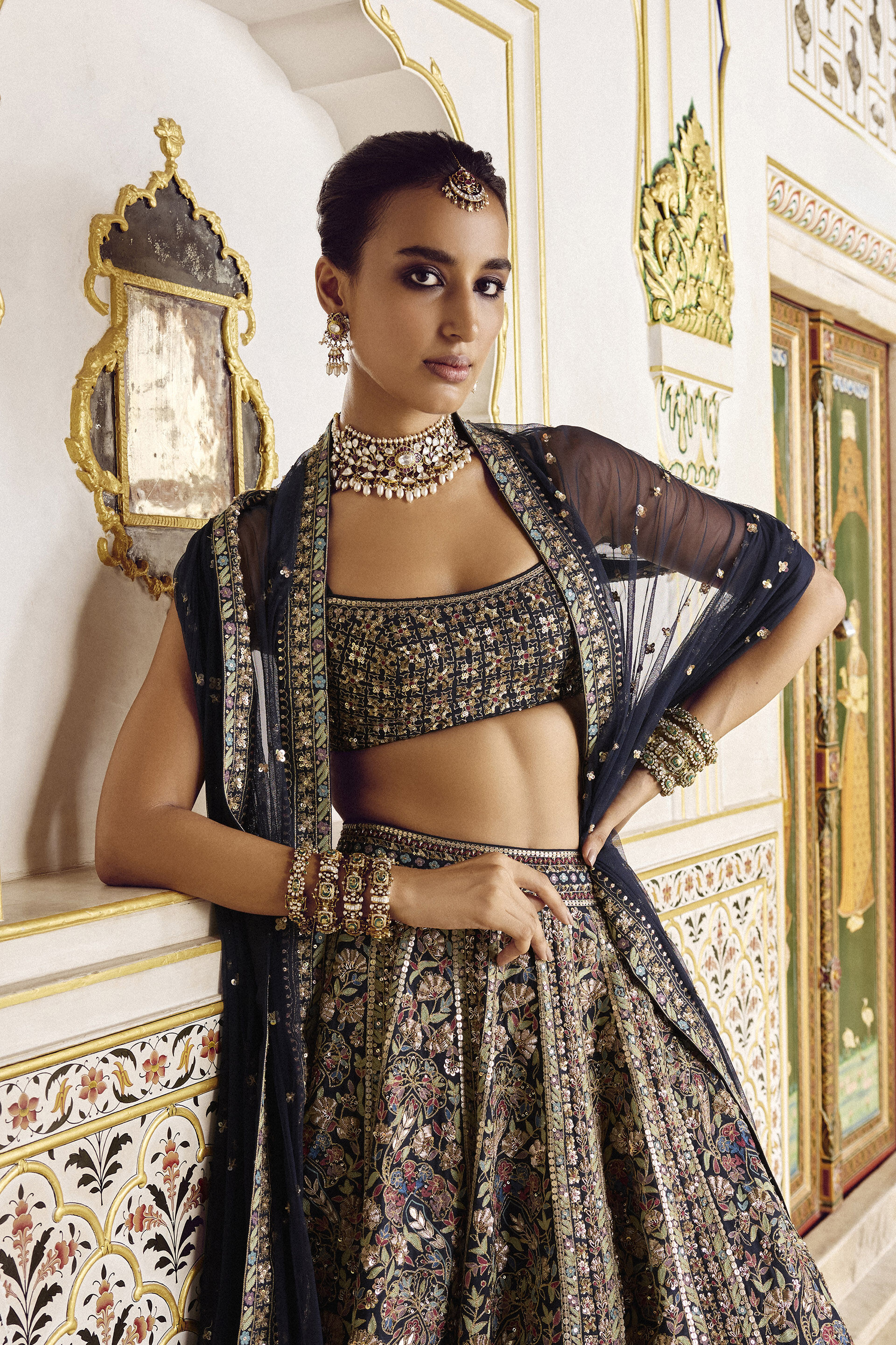 Elakshi Embroidered Silk Lehenga Set - Blue, Navy, image 6