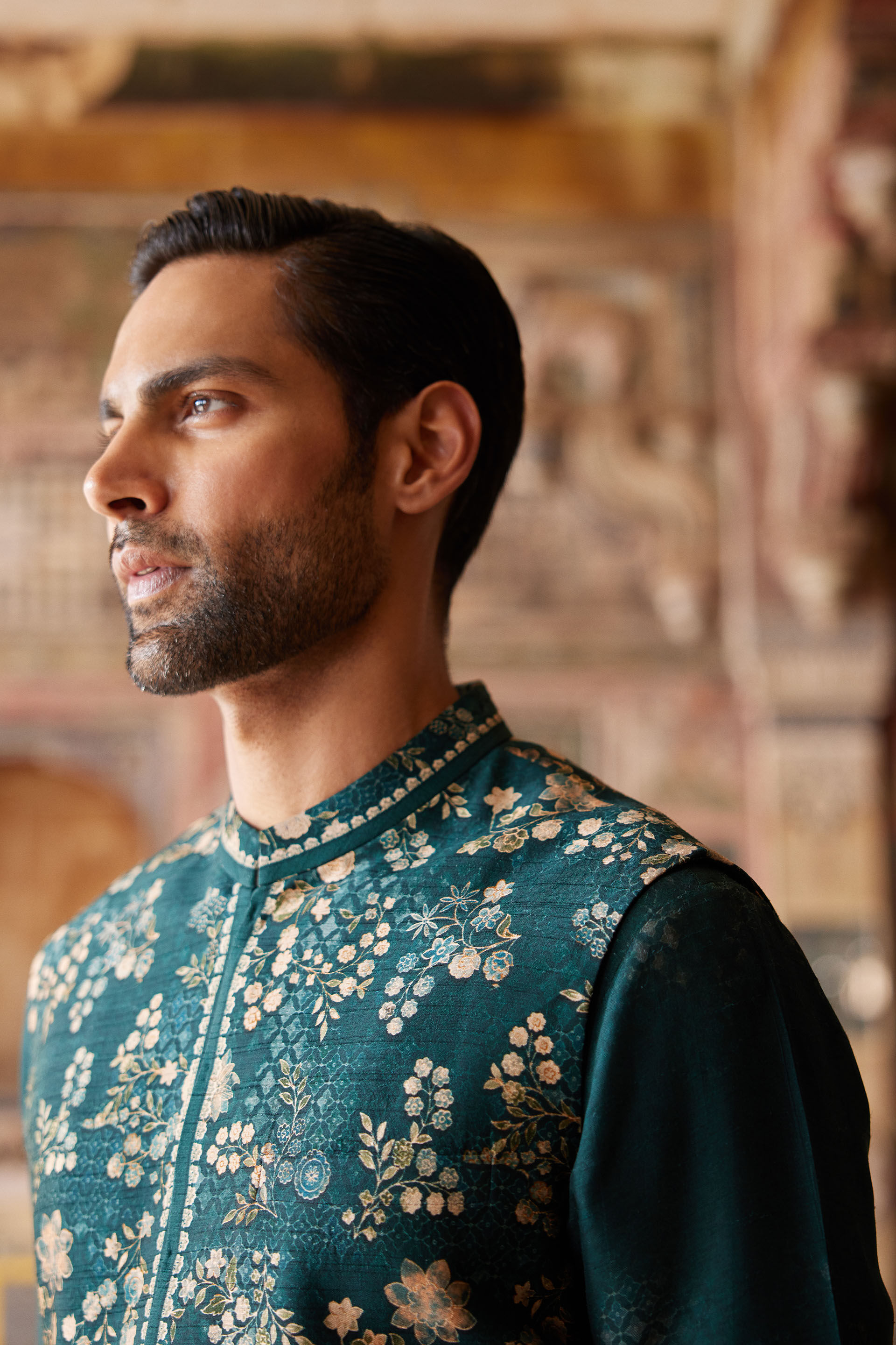 Hirav Printed Nehru Jacket - Green, Green, image 5