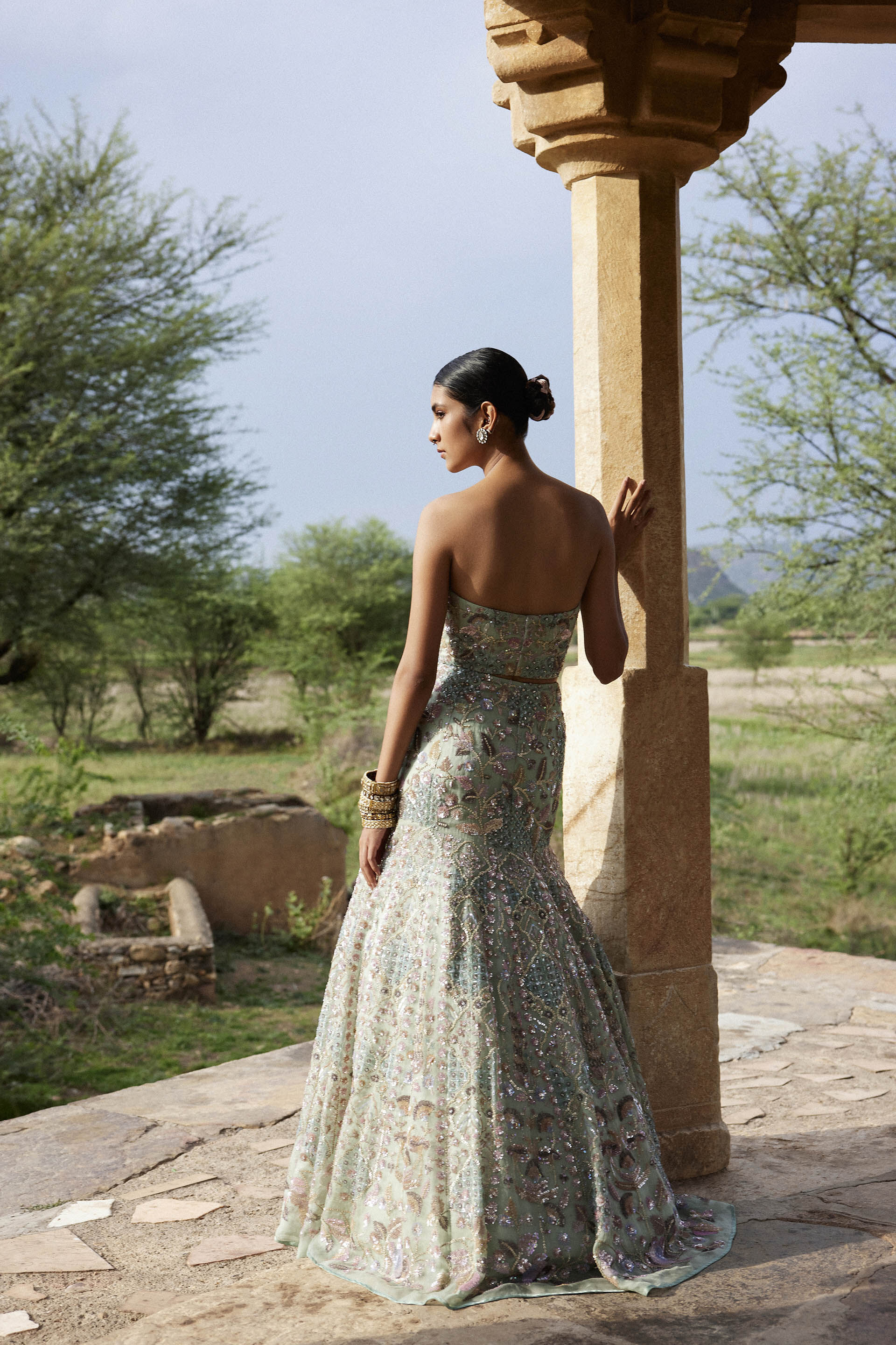 Kusha Embroidered Silk Skirt Set - Sage