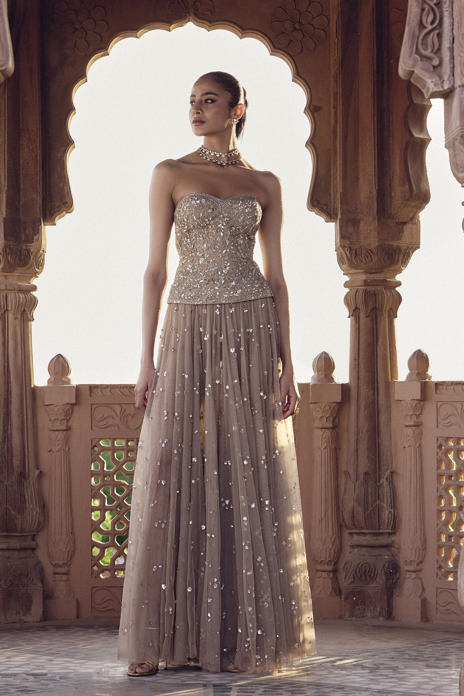 Ishra Gota PattI Skirt Set - Beige