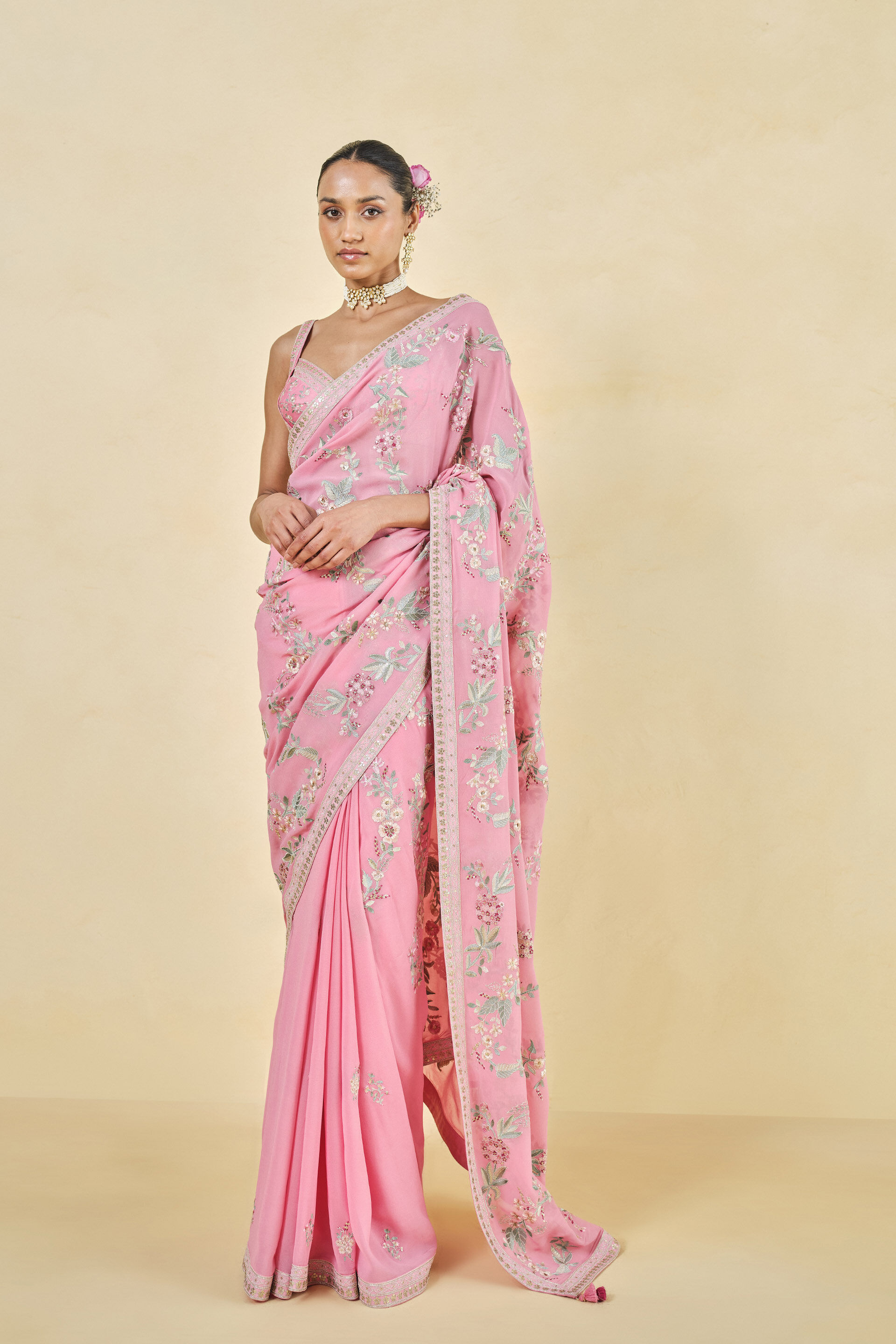 Dianthus Embroidered Georgette Saree - Pink