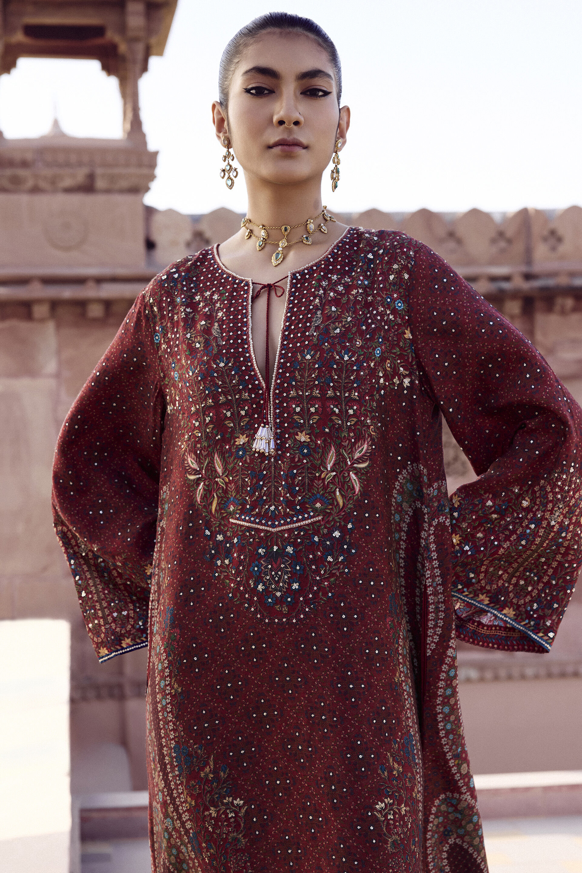 Amalaka Silk Kaftan - Deep Red, Red, image 3