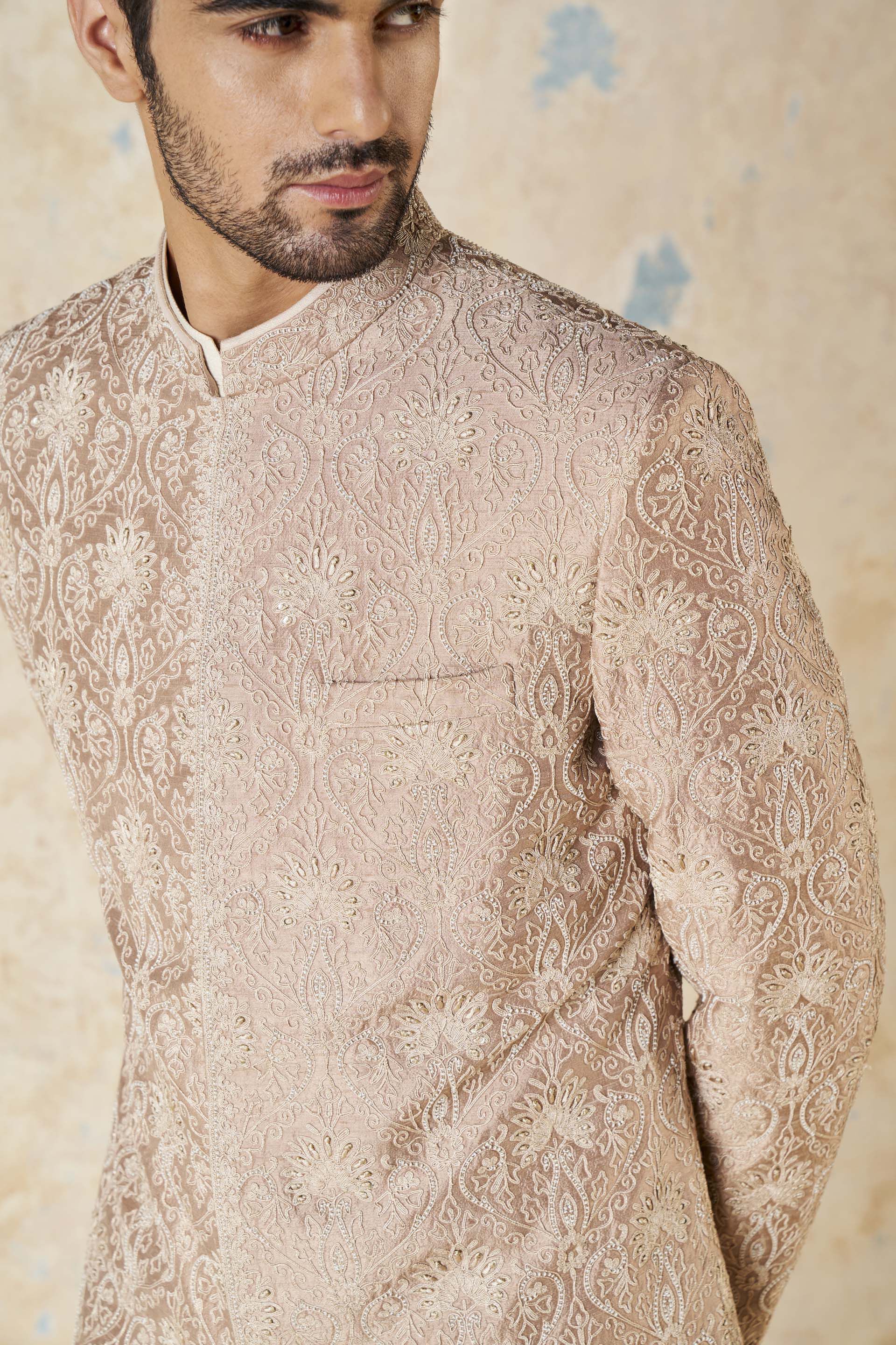 Ikshaan Embroidered Cord Silk Sherwani - Salmon, Salmon, image 7