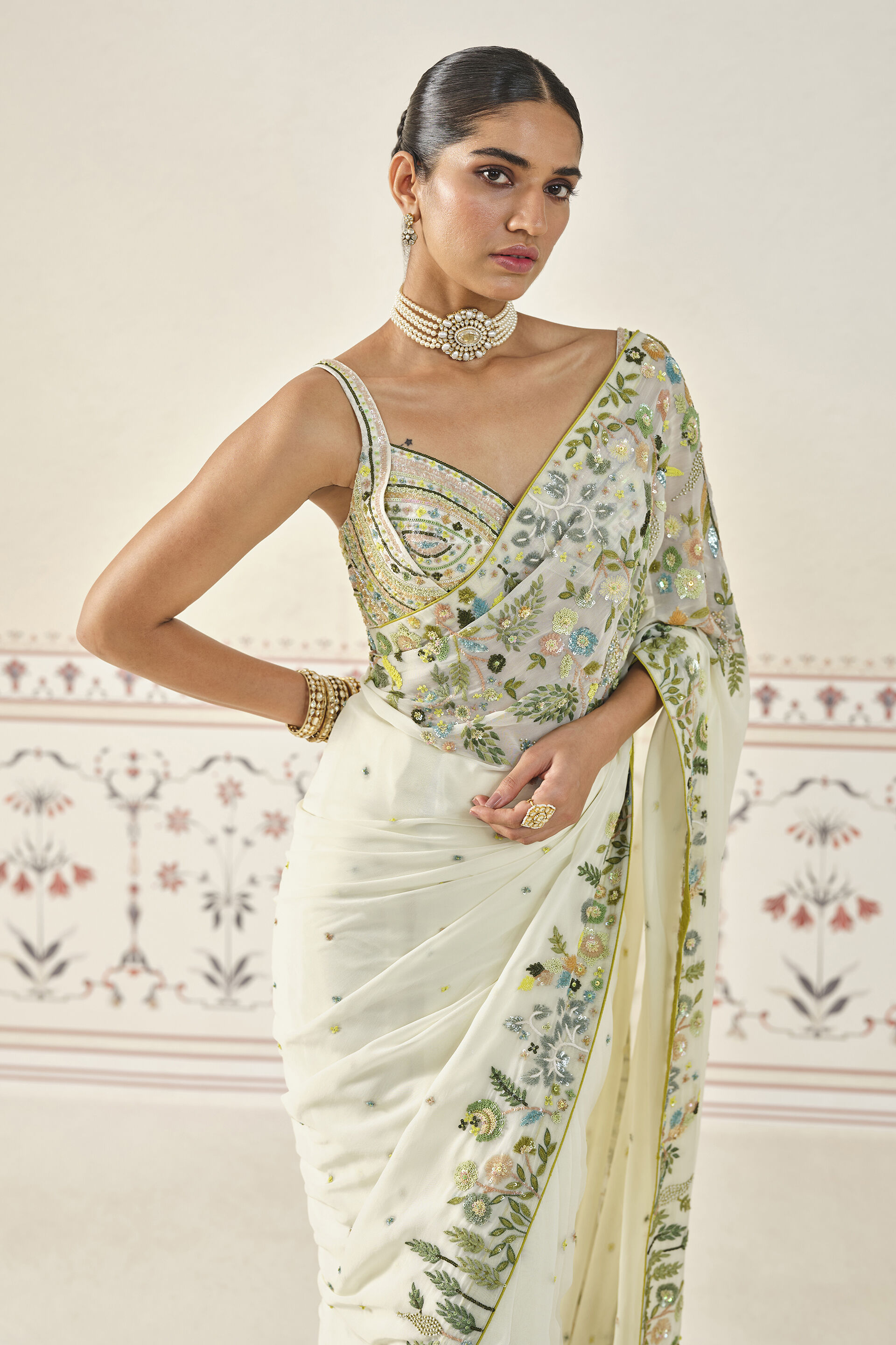 Rema Embroidered Saree Set - Cream, Cream, image 5