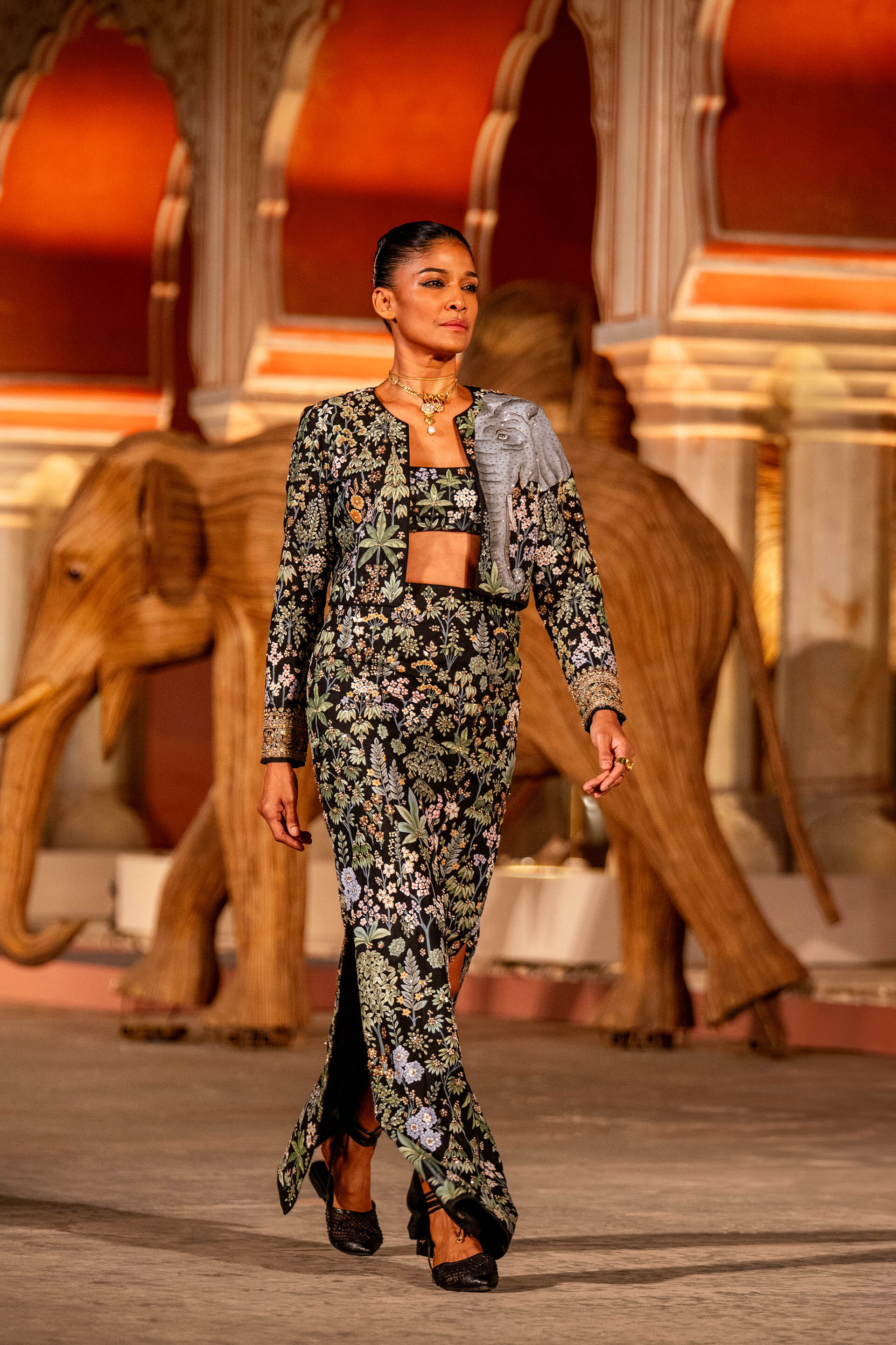 Haathi Harmony Hand-painted Pichhwai Silk Skirt Set - Black, Black, image 4