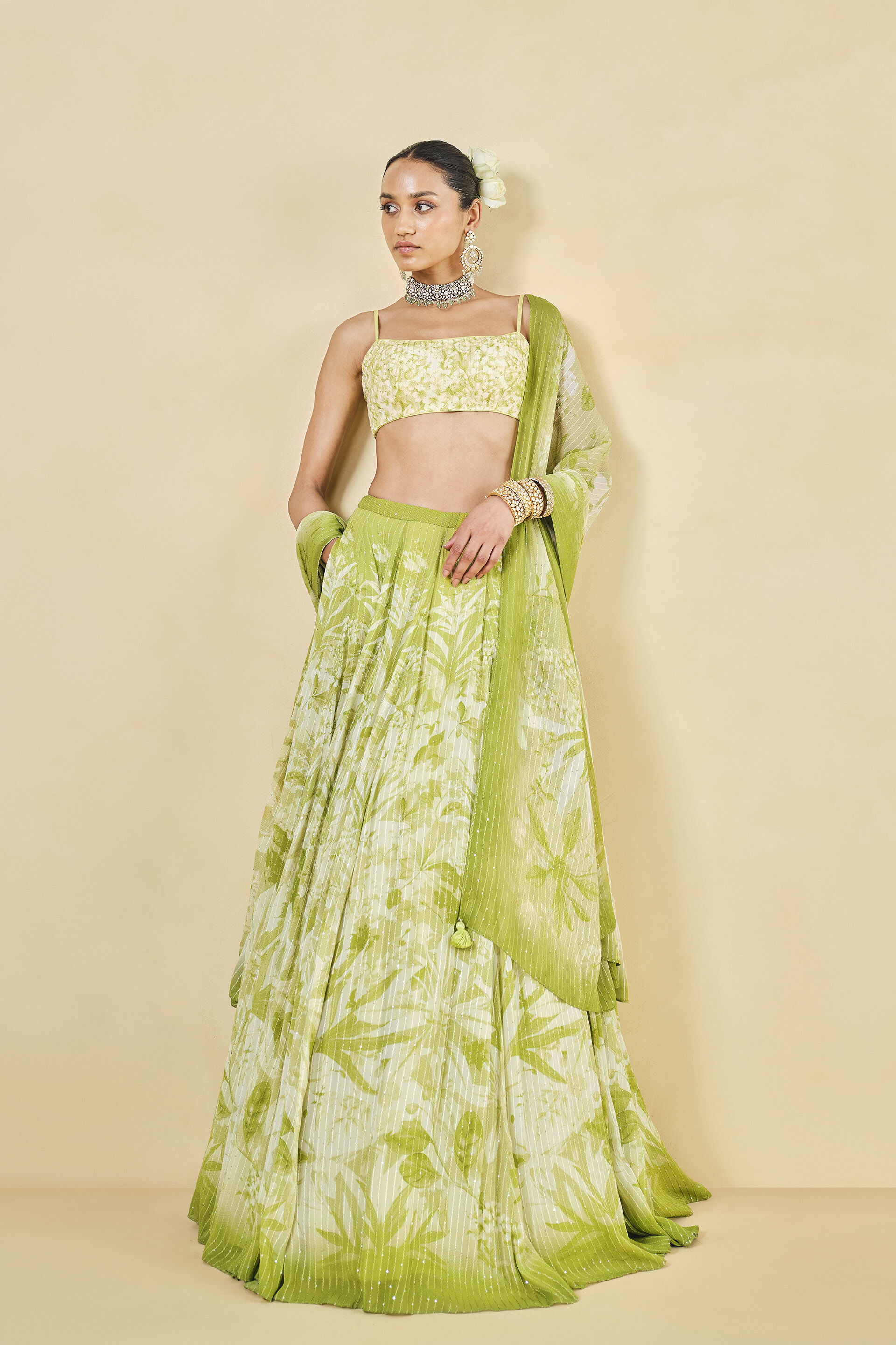 Buy Designer From The Tropics Georgette Lehenga Lime Online from