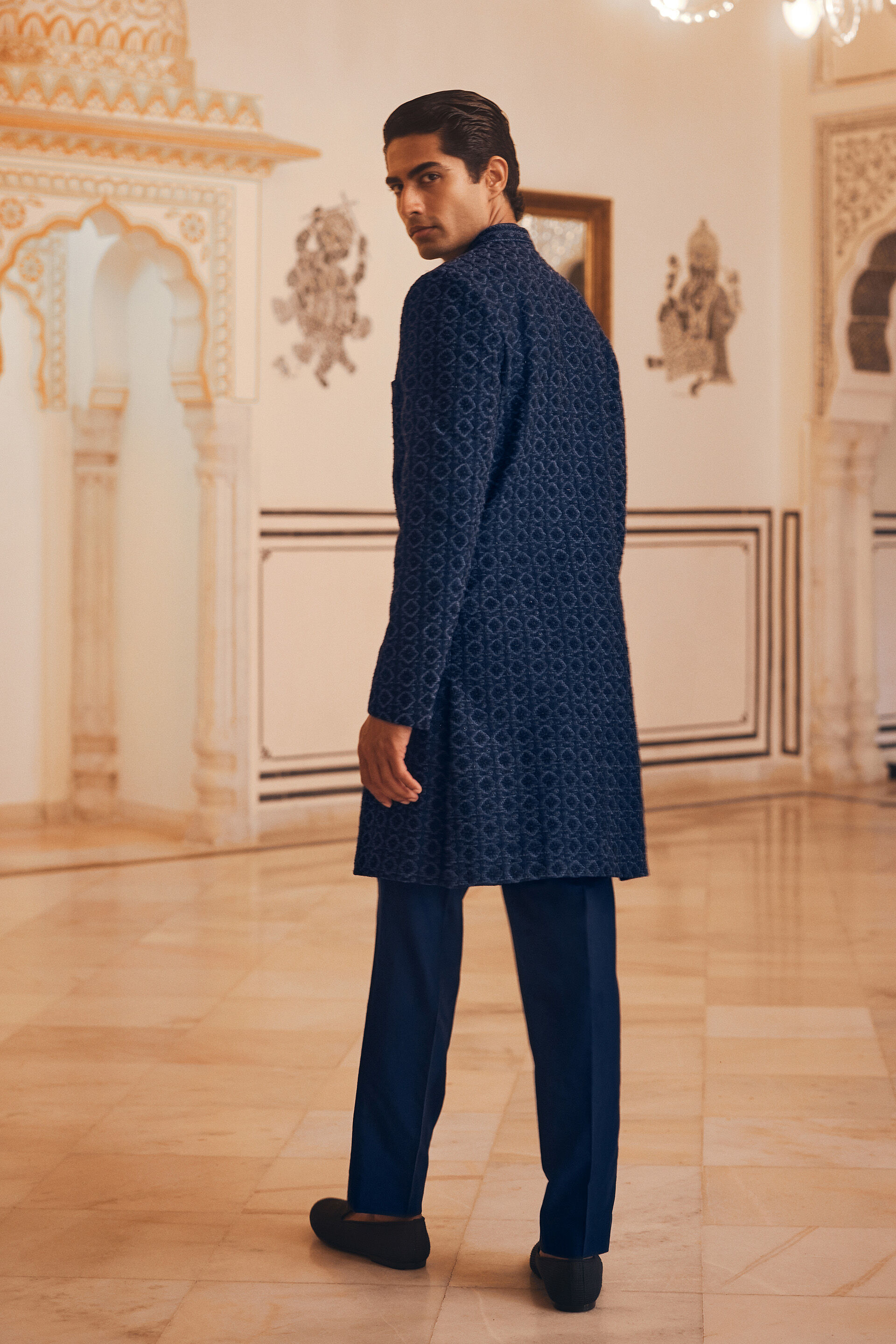 Javaid Embroidered Silk Sherwani - Navy