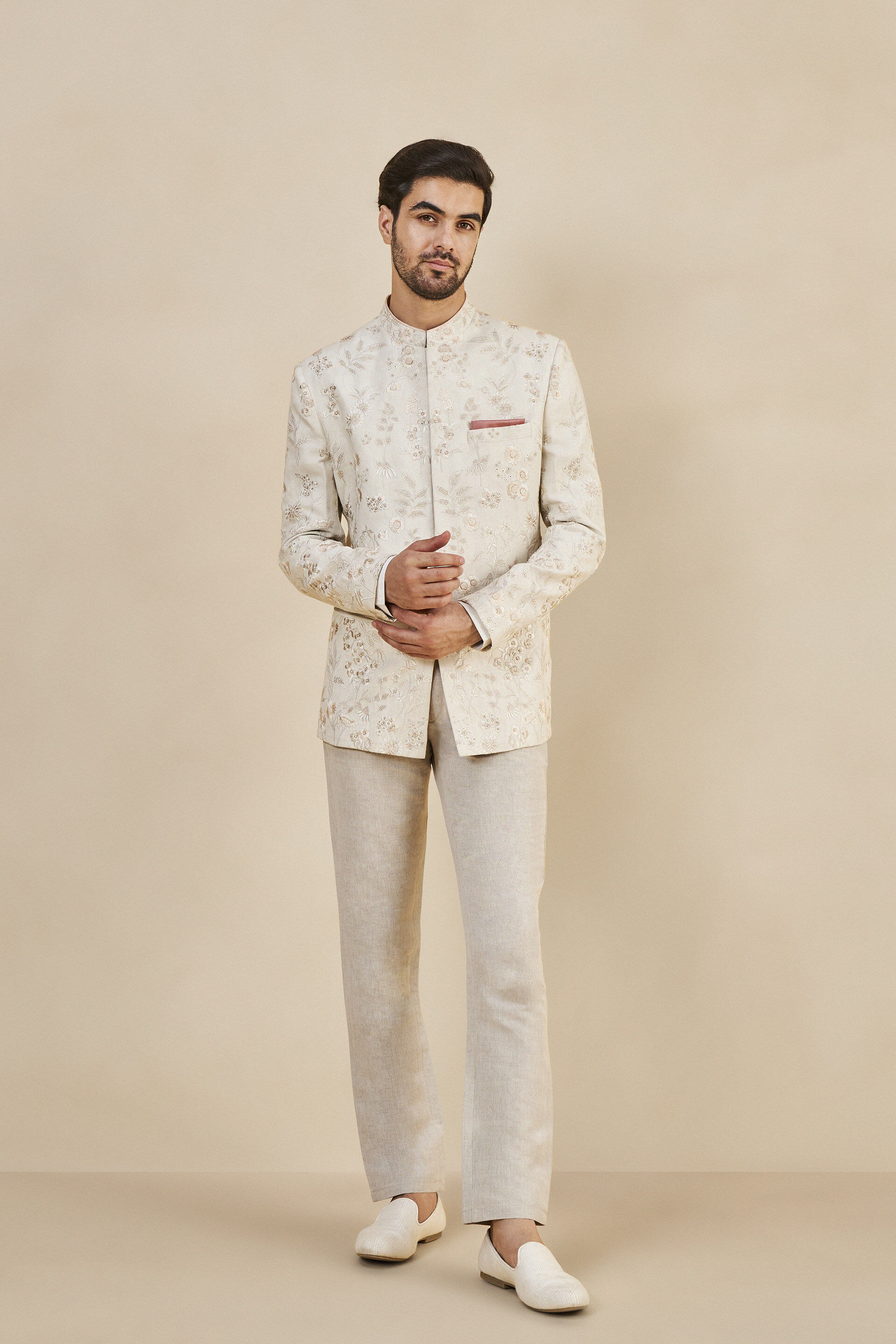 Nirad Embroidered Silk Bandhgala - Ivory