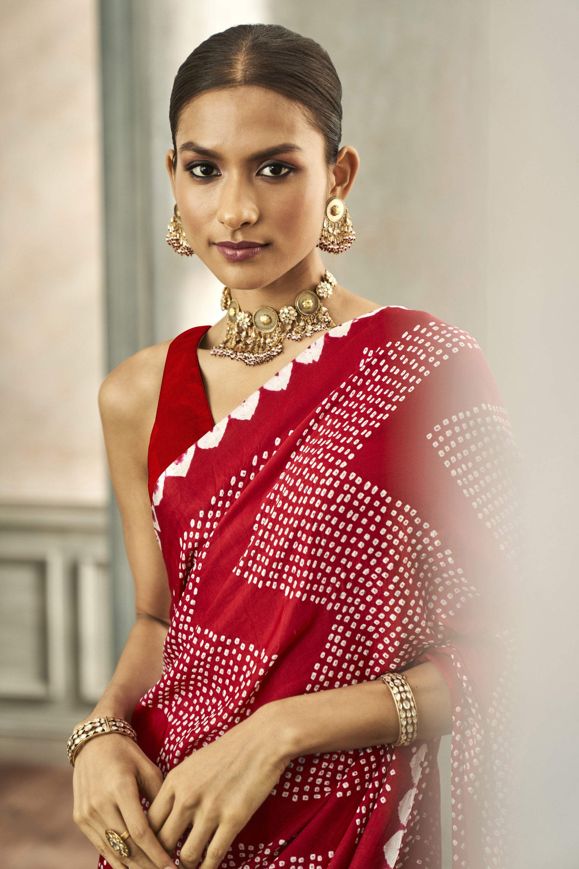 Jewellery on bandhani saree new arrivals