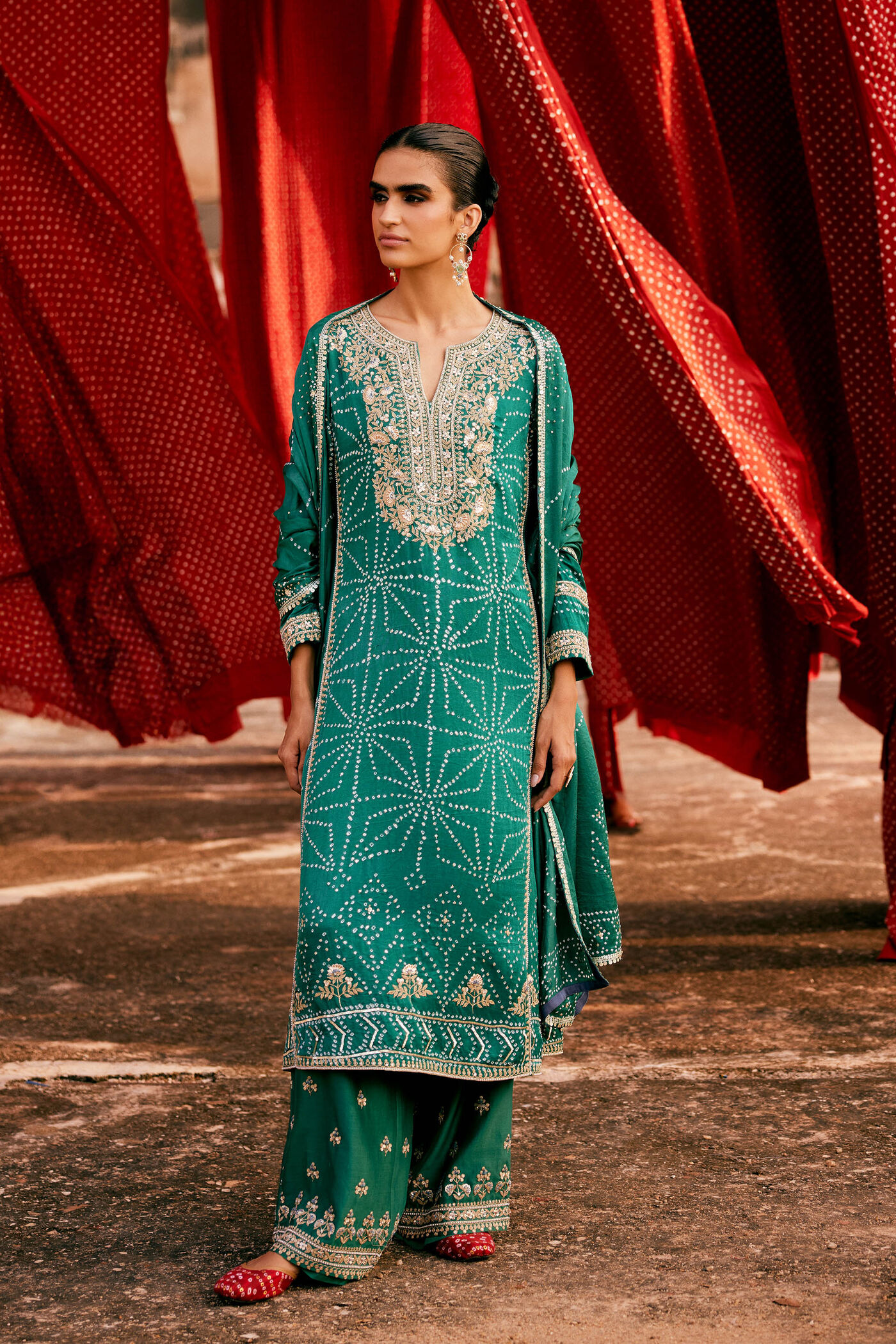 Buy Designer Piroska Handcrafted Bandhani Silk Suit Set - Green Online for Women from Anita Dongre F24A20_GREN Buy Designer Piroska Handcrafted Bandhani Silk Suit Set - Green Online for Women from Anita Dongre F24A20_GREN