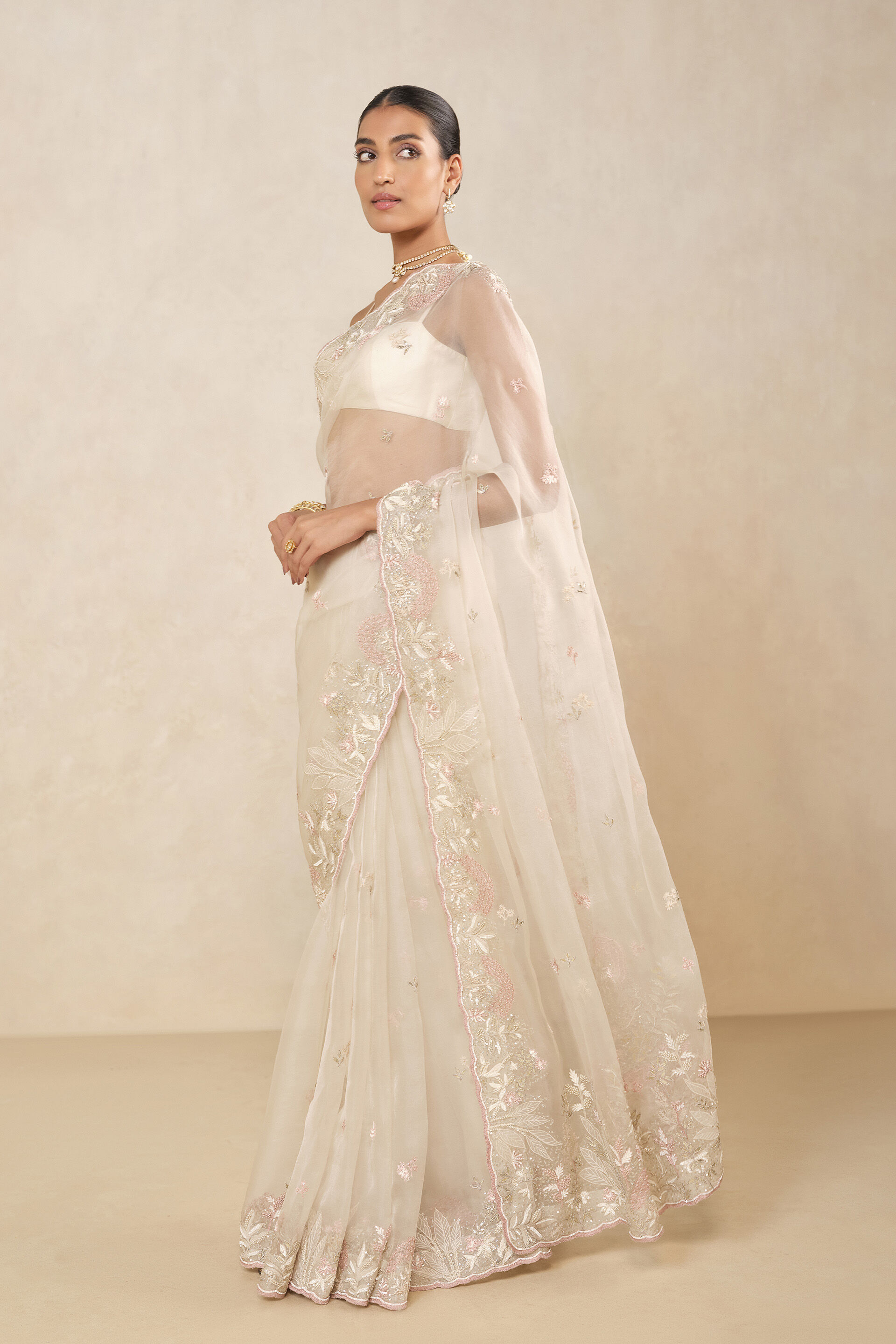 Earthbreeze Embroidered Silk Saree - Ivory, Ivory, image 3