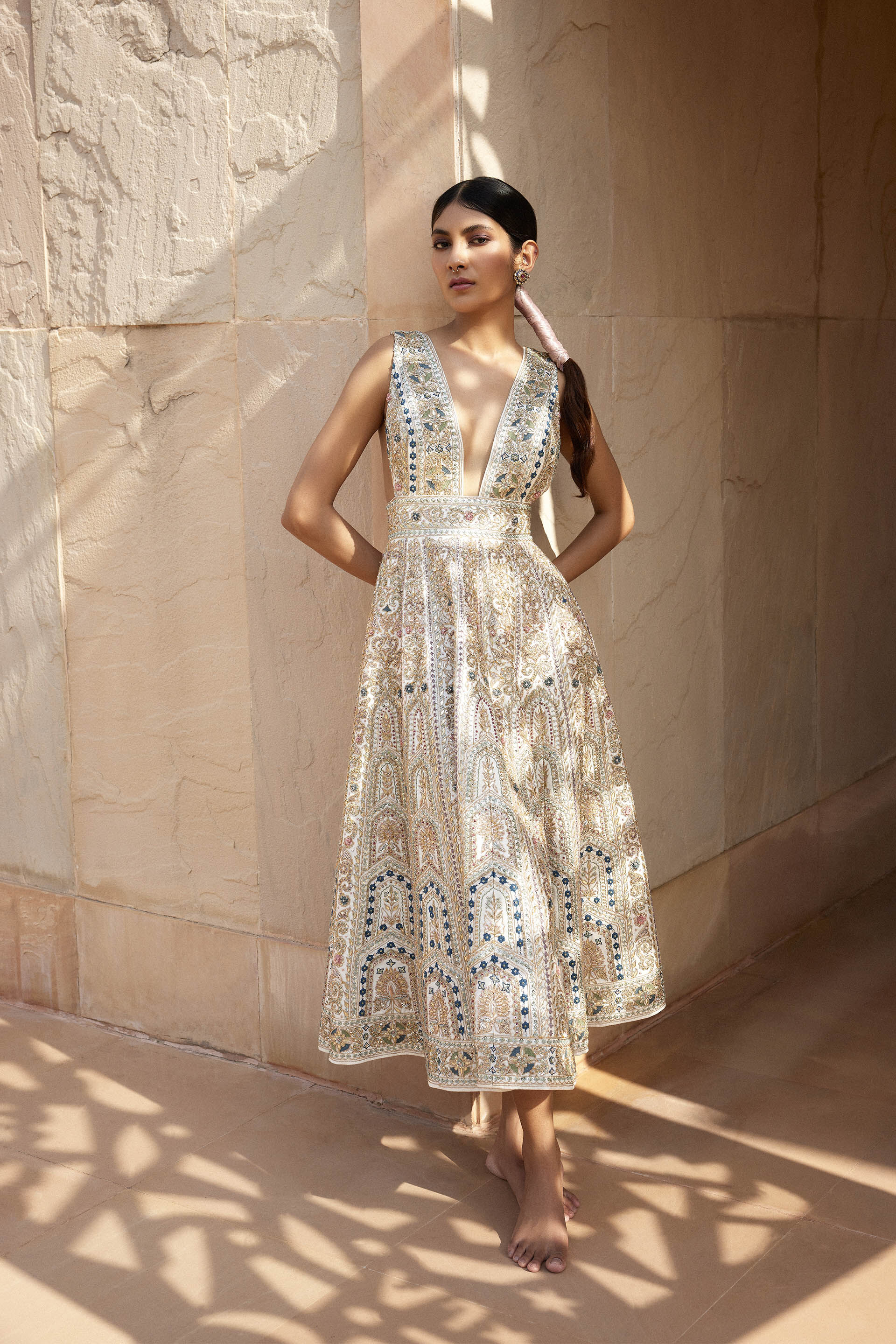 Mihika Zardozi Gota Patti Silk Dress Ivory