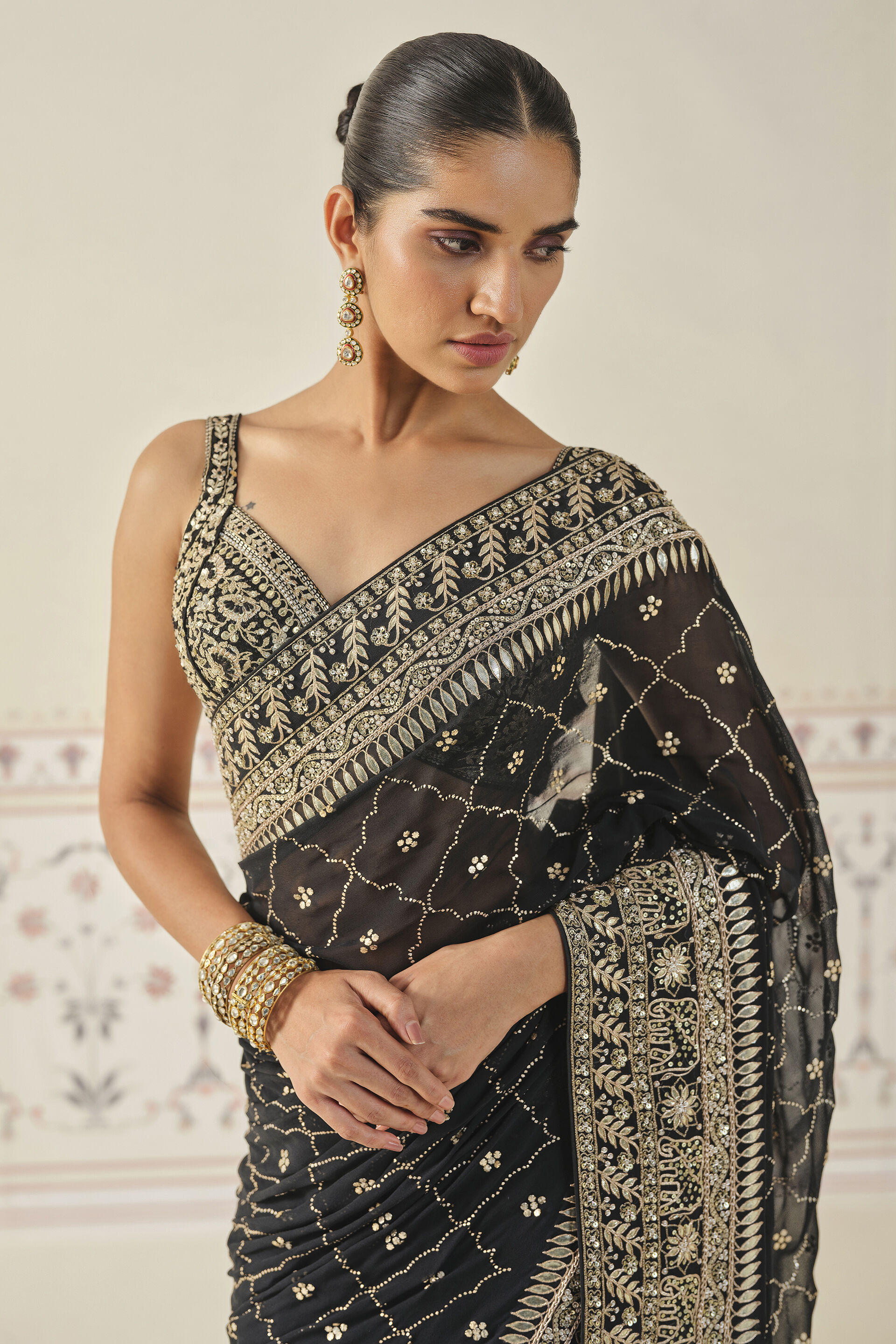 Anushna Handcrafted Badla Georgette Saree - Black, Black, image 5